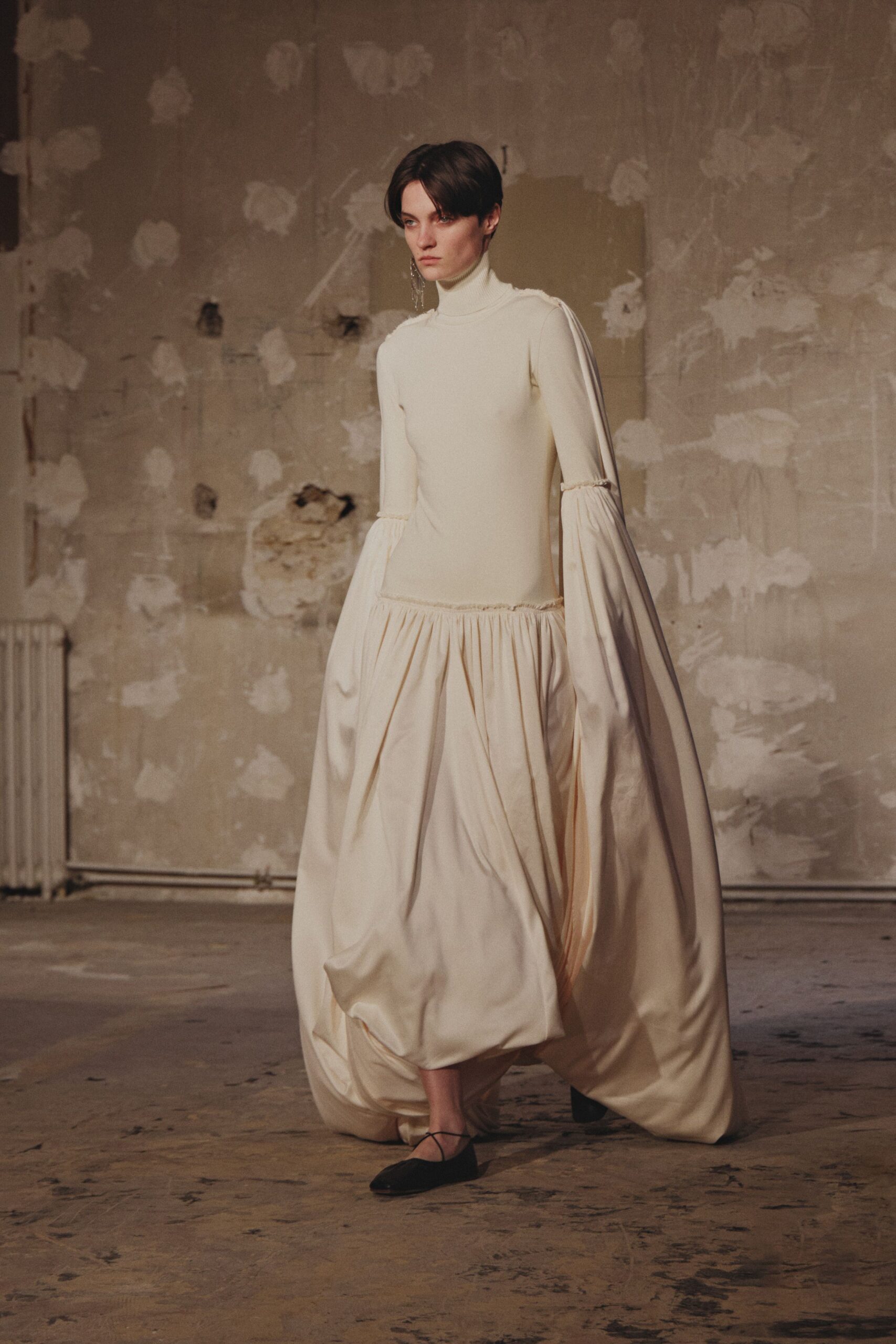 ivory cotton long-sleeve high-neck fitted pleated draped dress