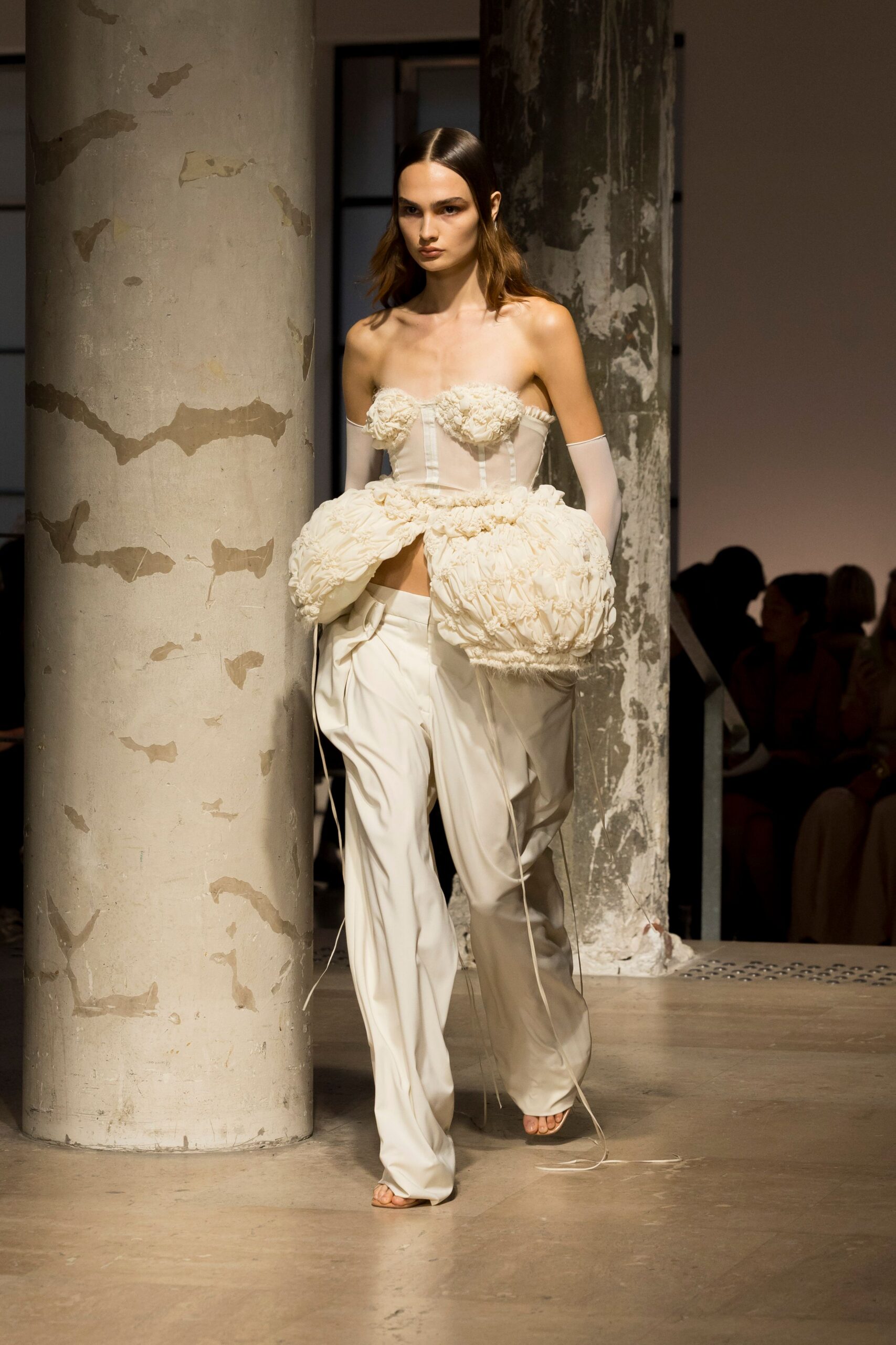 white silk strapless fitted pleated top