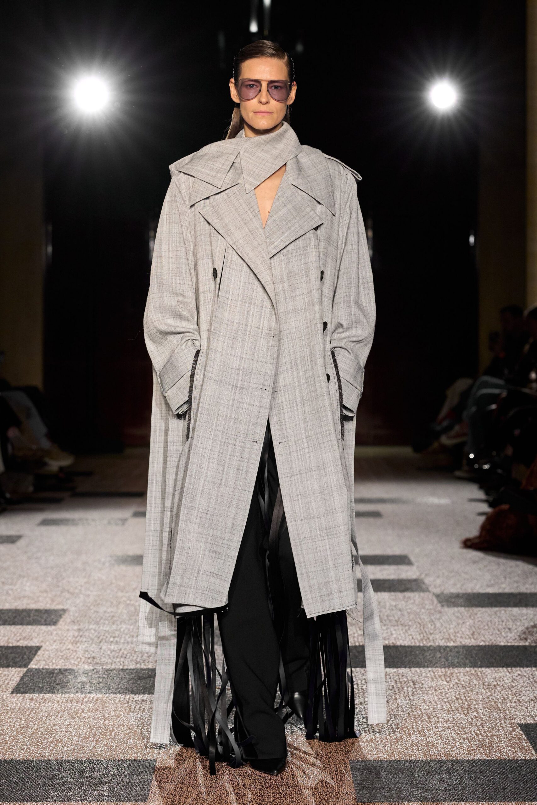 gray wool long-sleeve collared relaxed checked belted coat