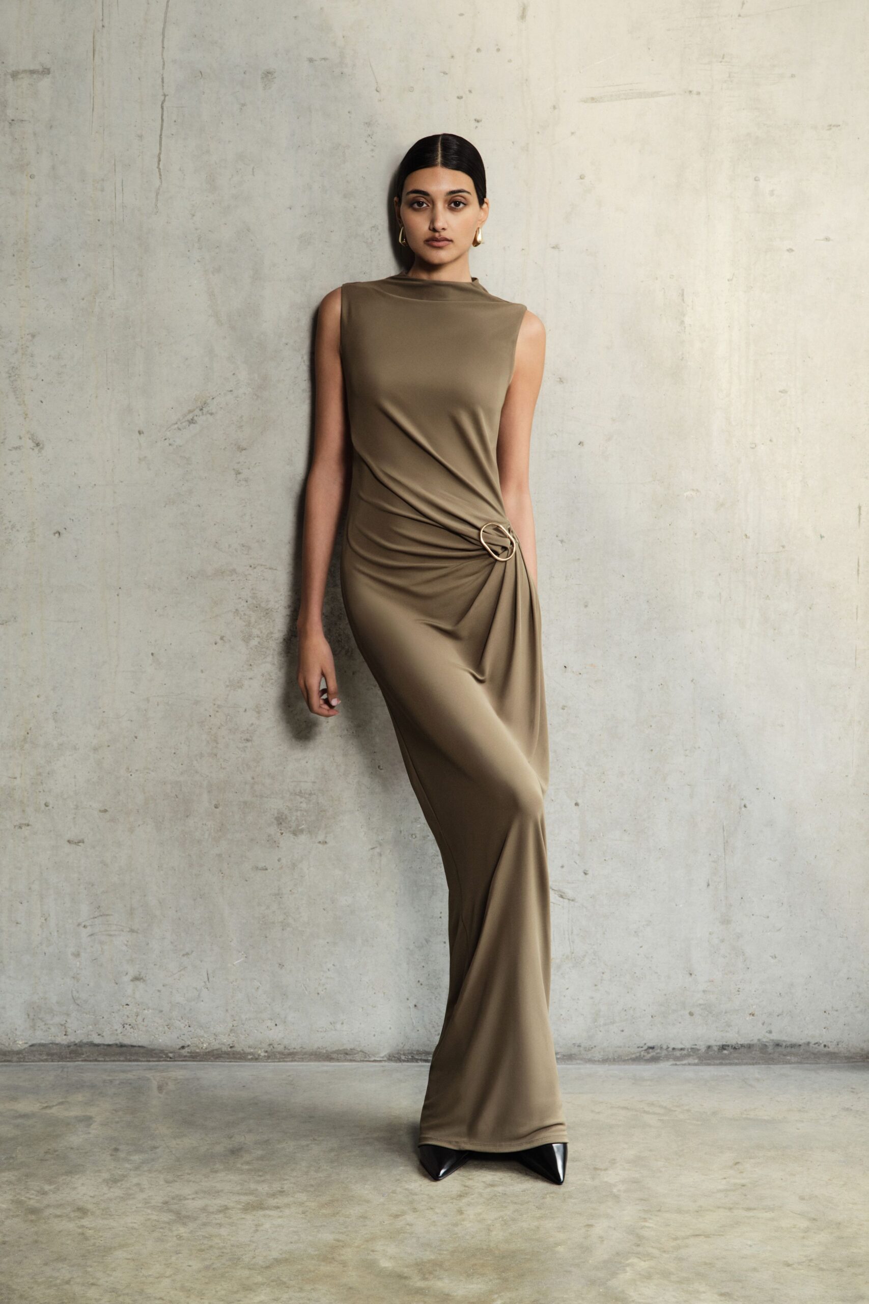 beige jersey sleeveless high-neck fitted draped maxi gown