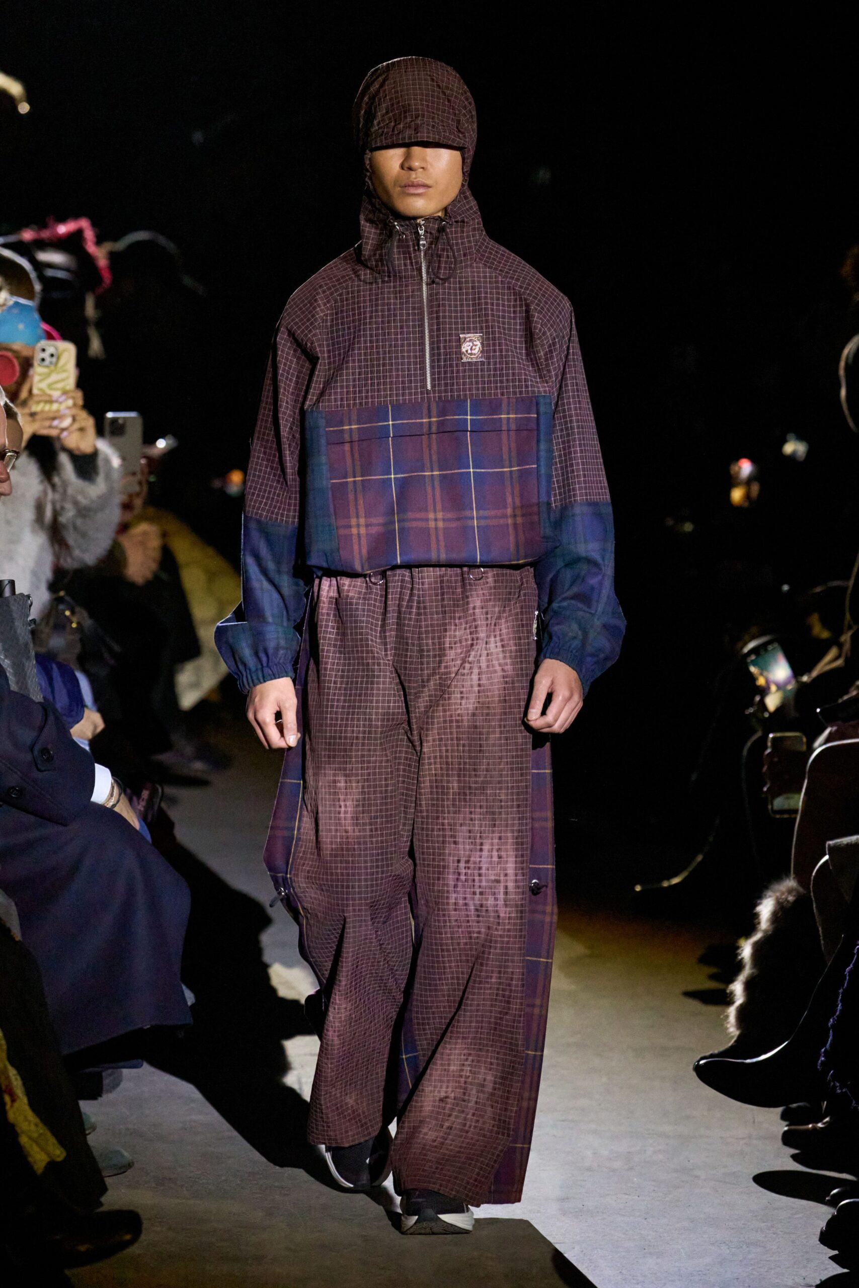 purple checked jacket and pants