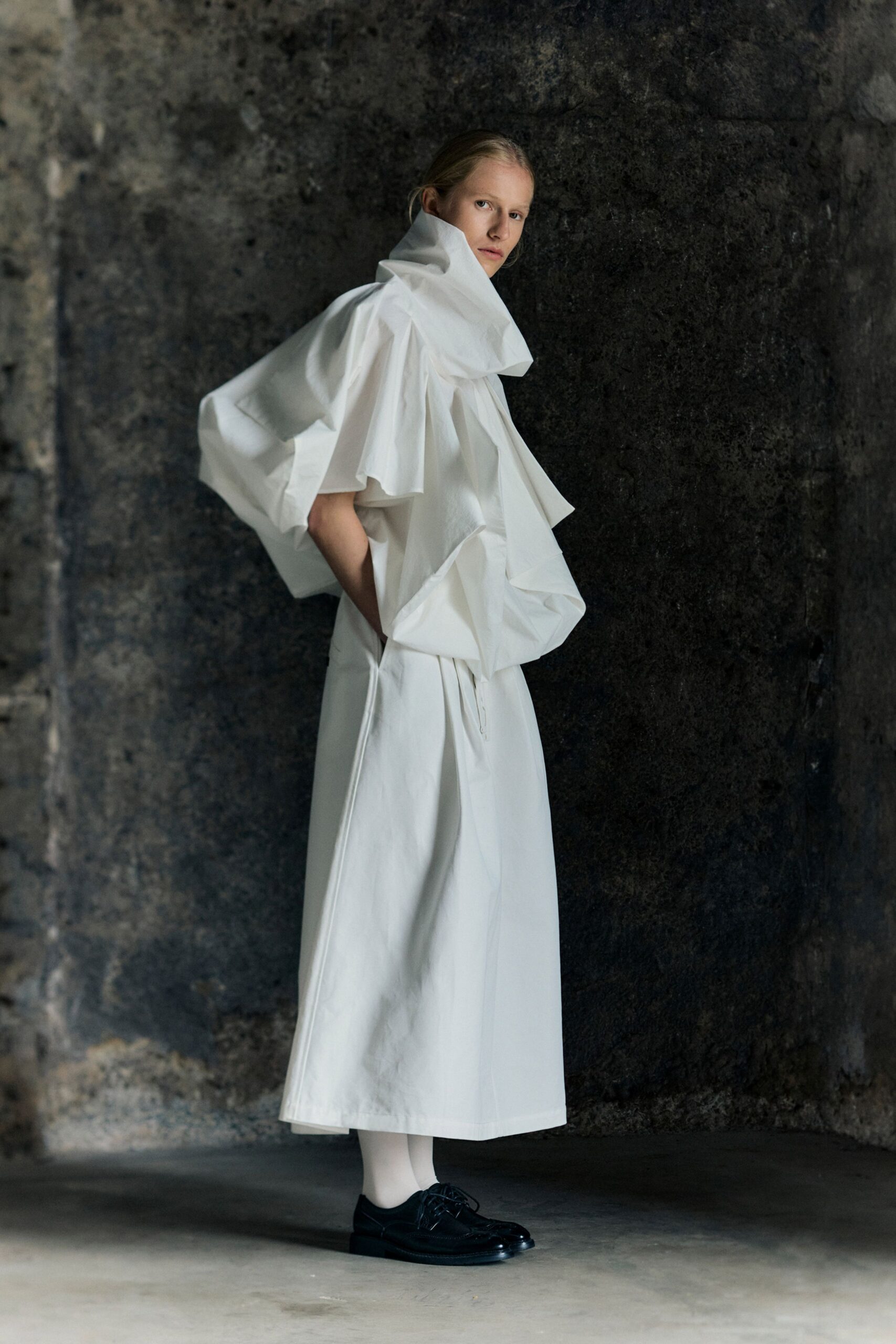 white cotton short-sleeve high-neck relaxed ruffled top