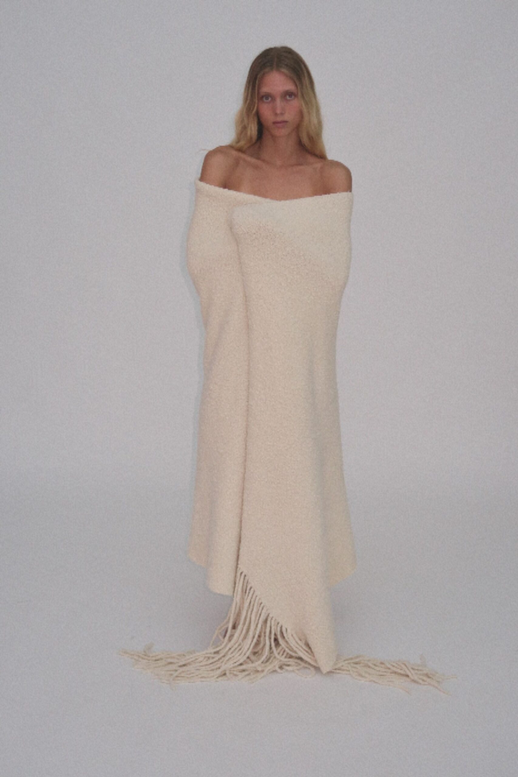 white wool off-shoulder dress