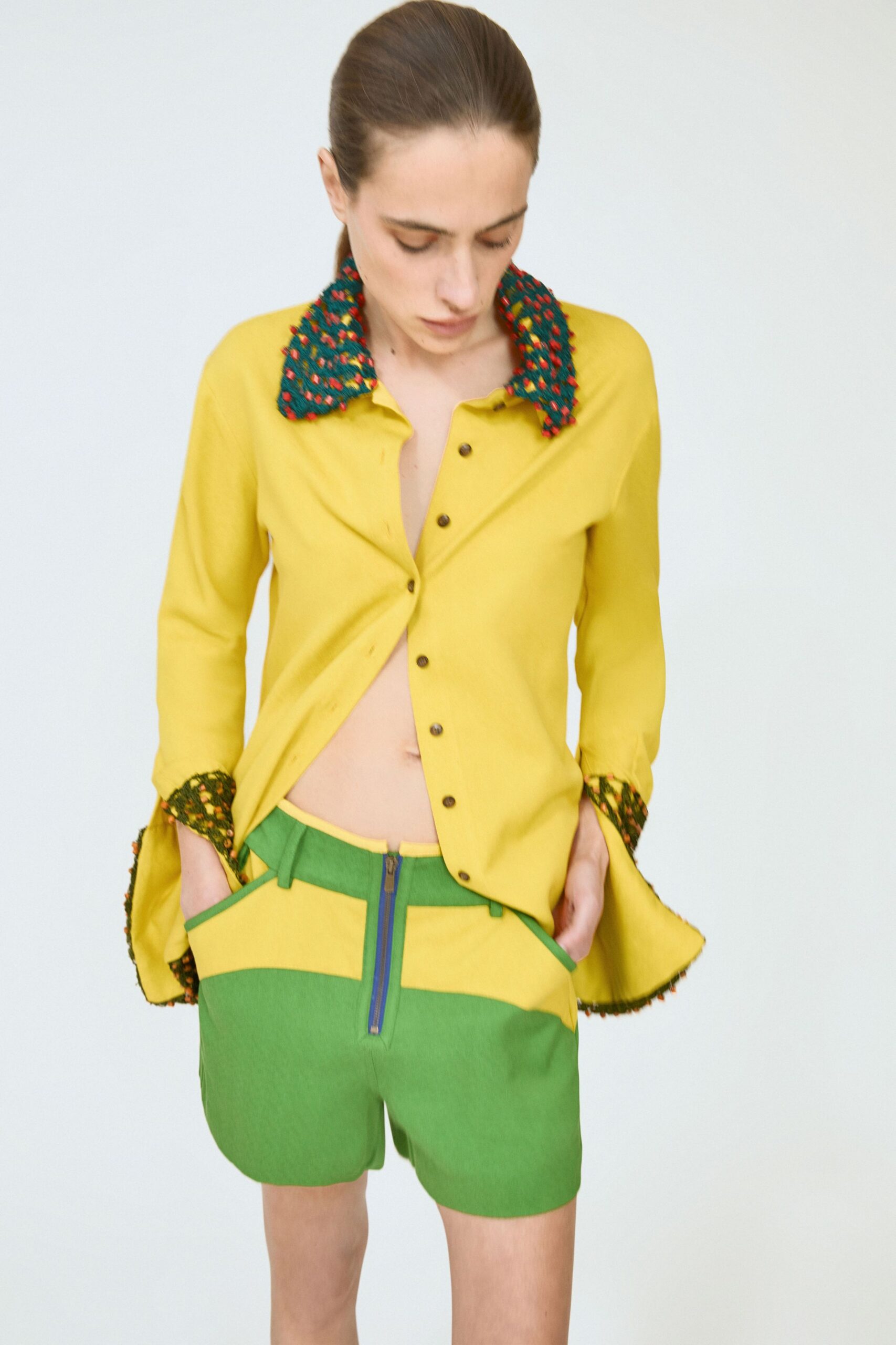 yellow long-sleeve collared fitted buttoned shirt