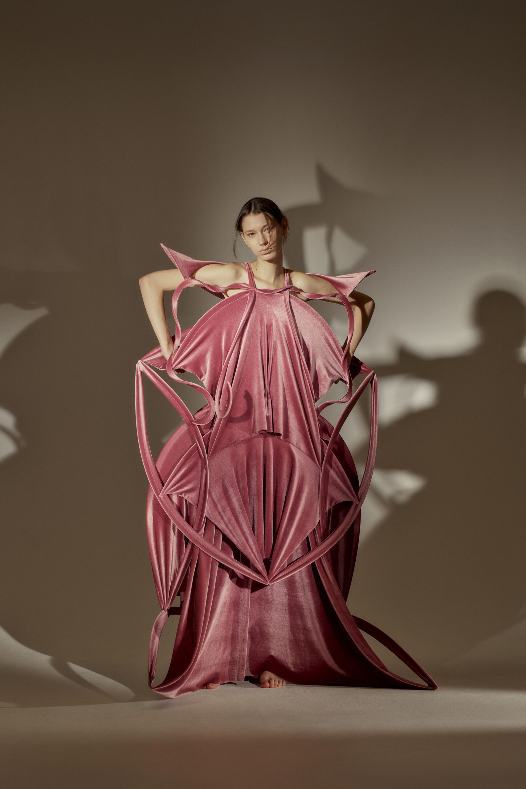 pink velvet sleeveless gown