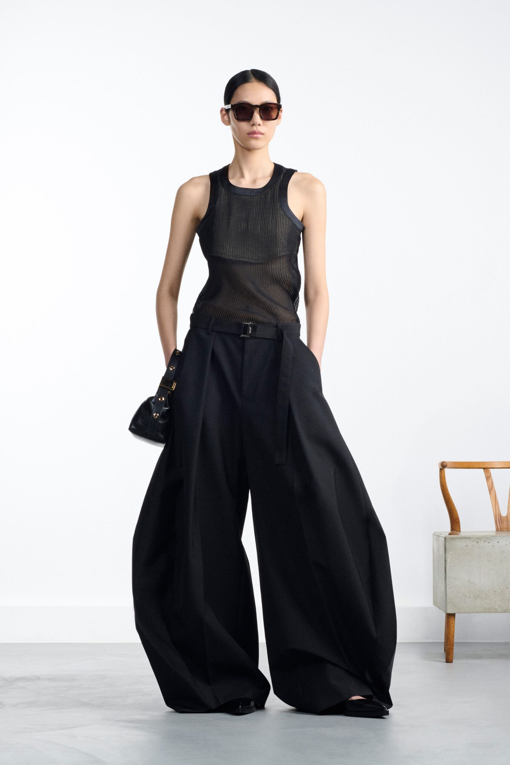 black mesh sleeveless high-neck fitted ribbed top