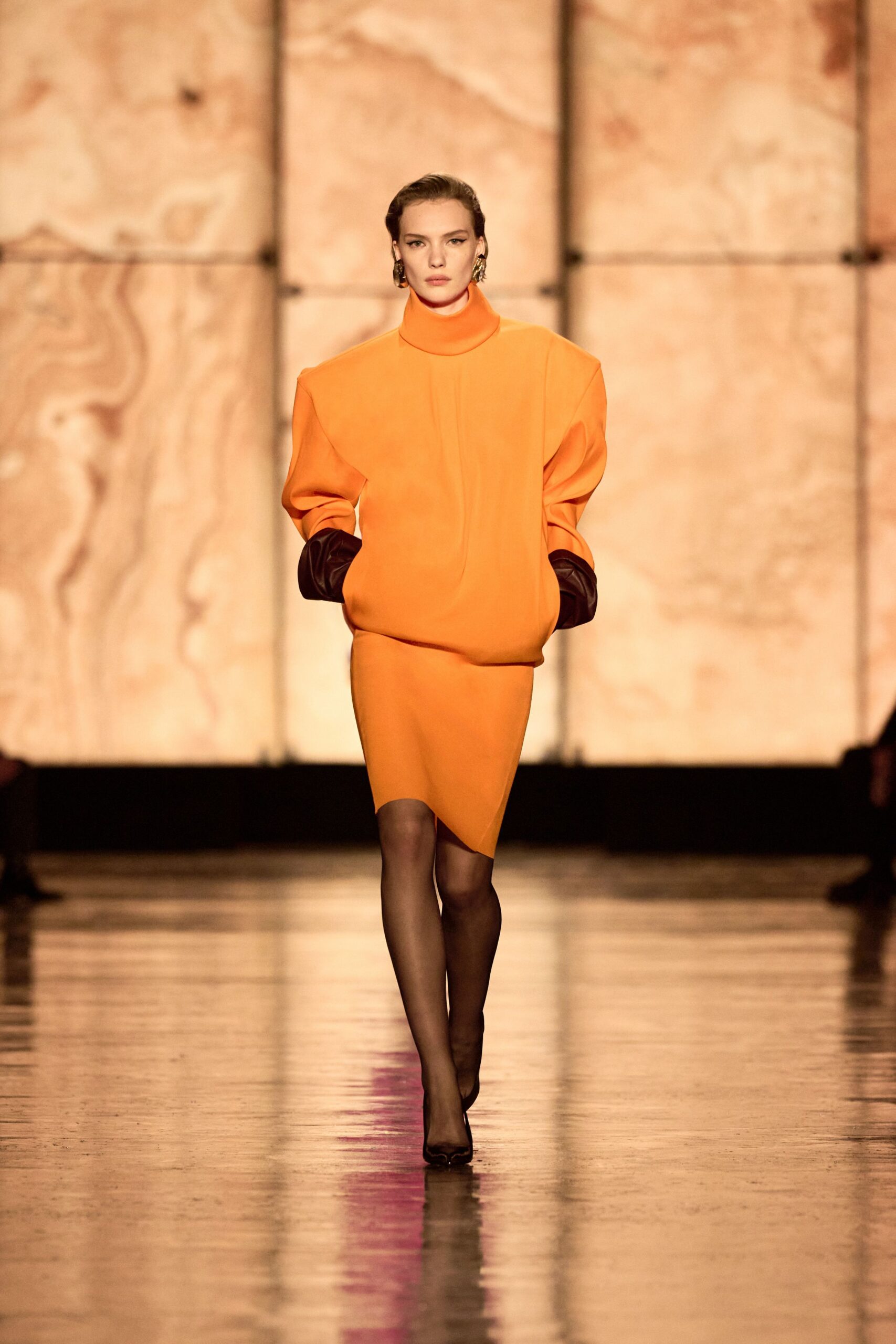 orange cotton long-sleeve high-neck oversized structured mini dress