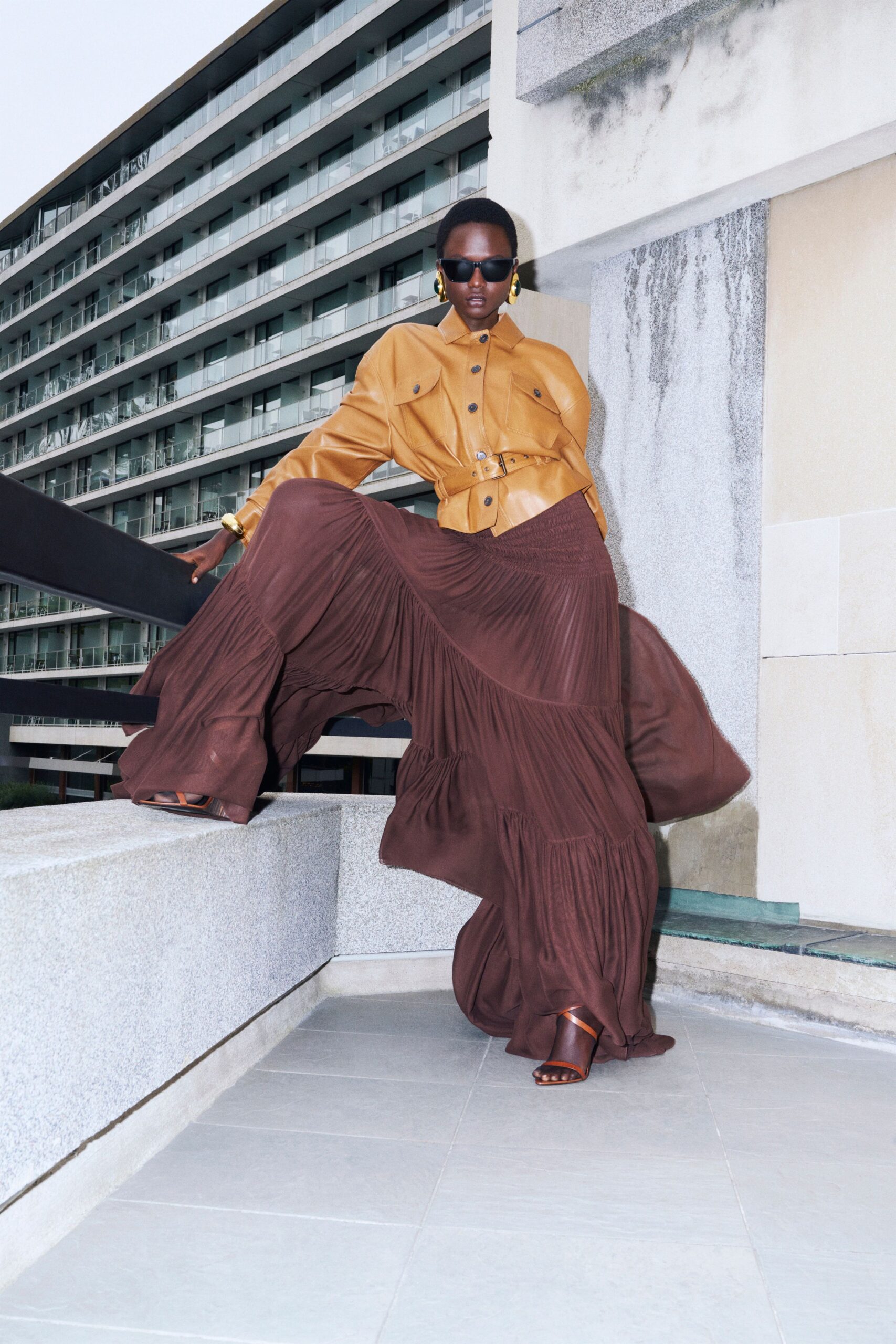 brown silk relaxed high-waisted pleated flowing maxi skirt