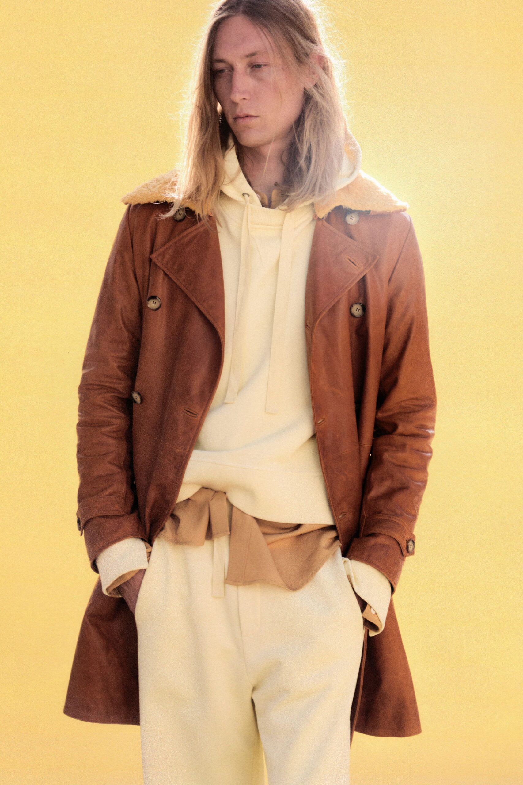 brown leather long-sleeve collared structured coat