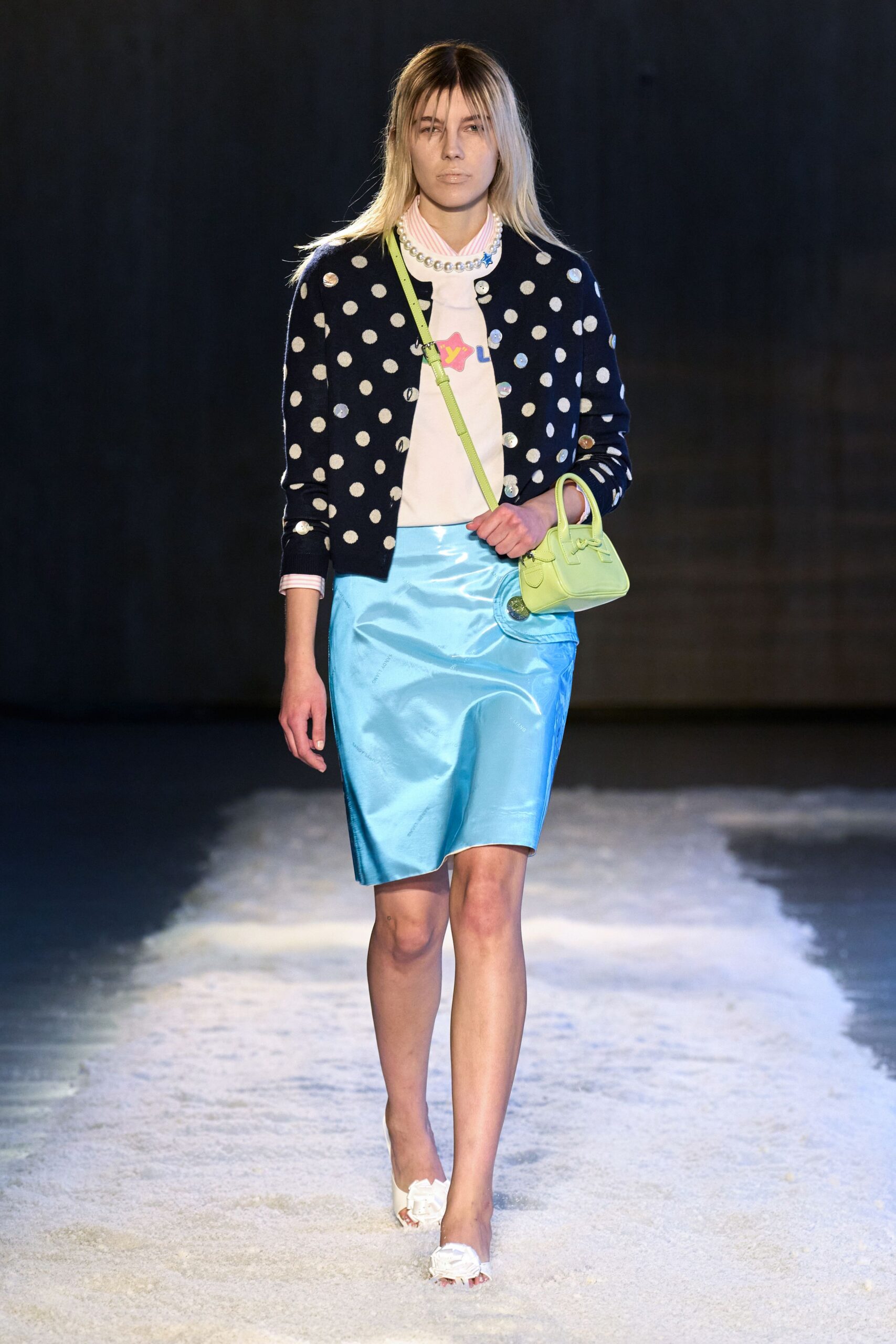 blue long-sleeve collared relaxed polka-dot cardigan