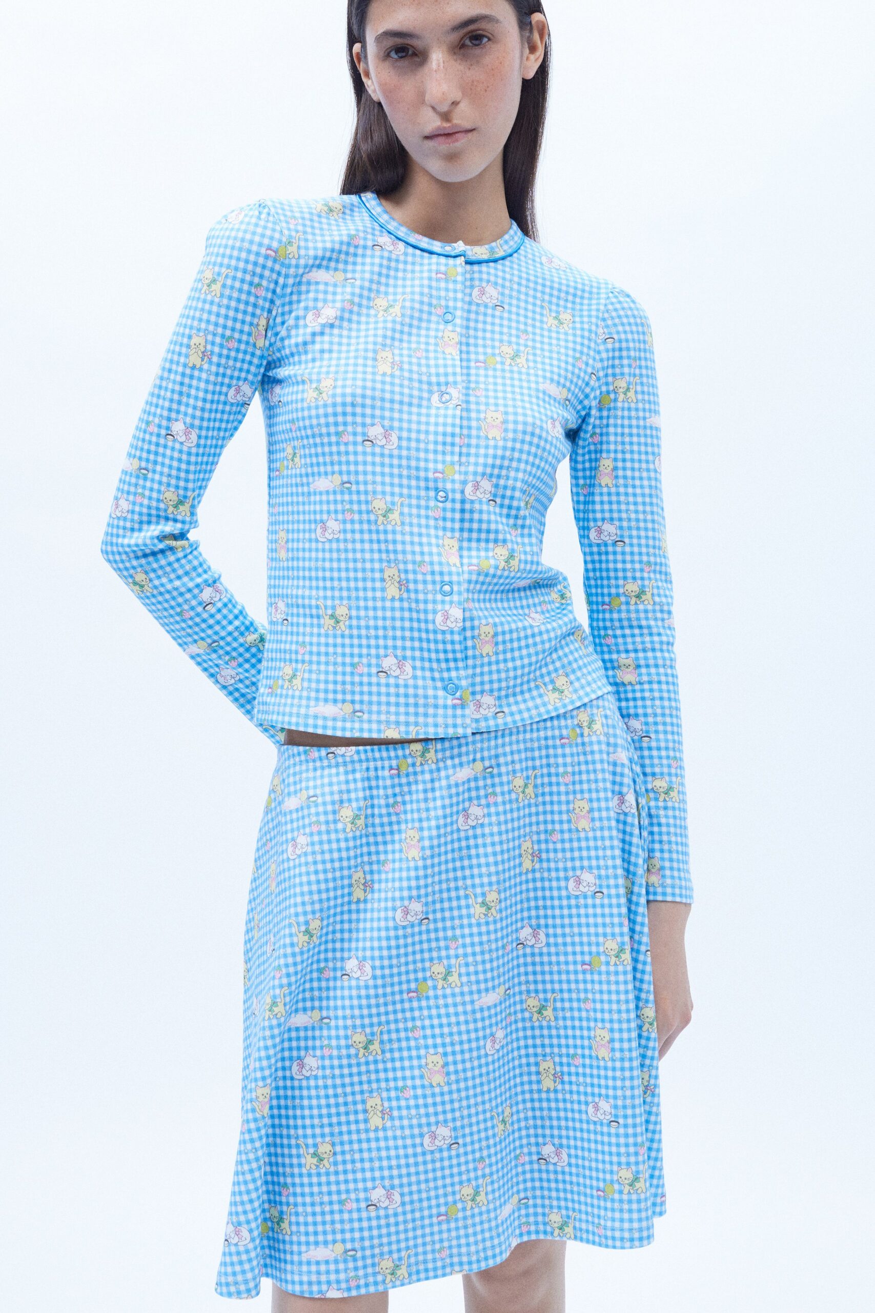 blue checked top and skirt