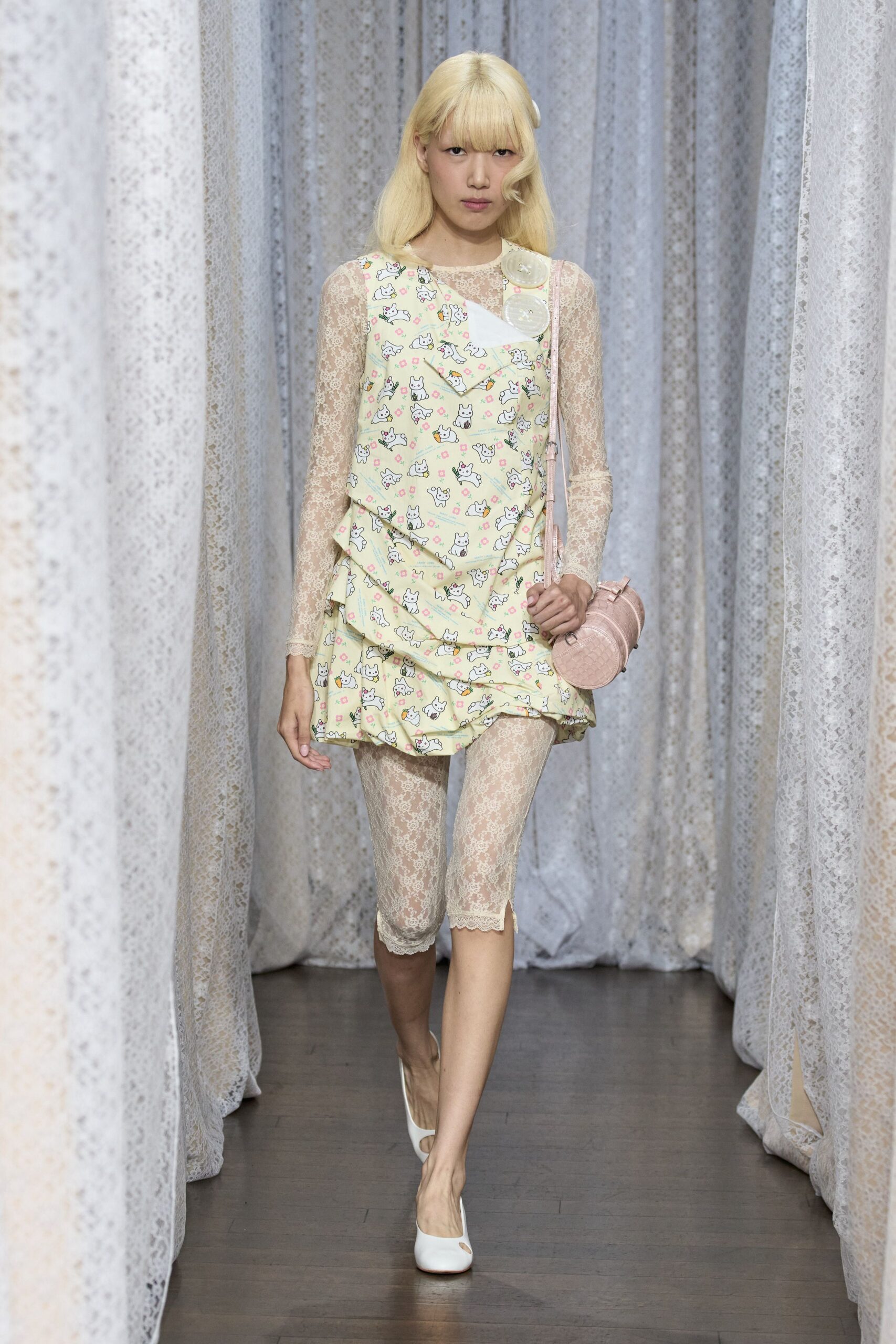 yellow lace long-sleeve collared fitted ruffled printed dress