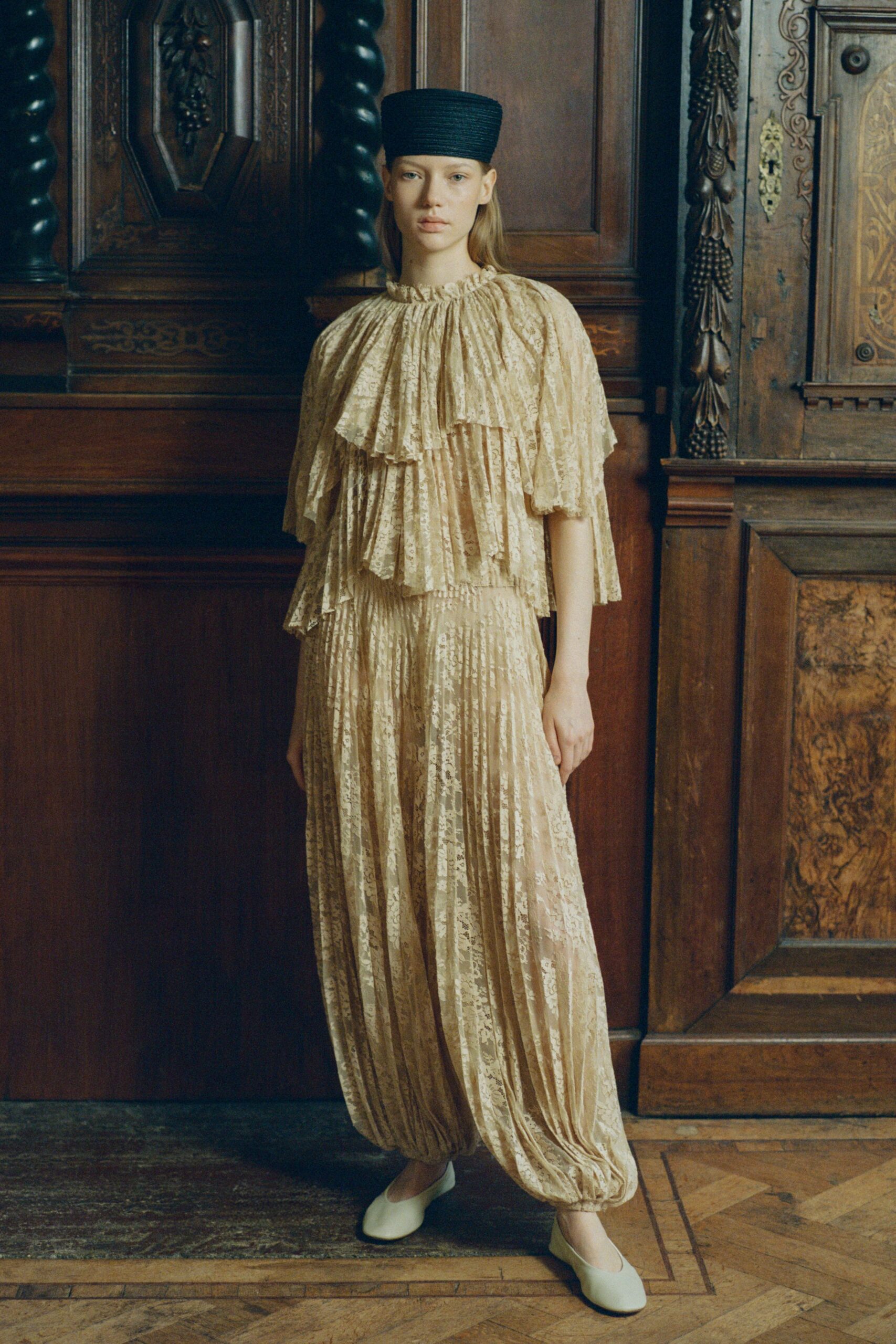 beige silk sleeveless high-neck relaxed pleated layered dress
