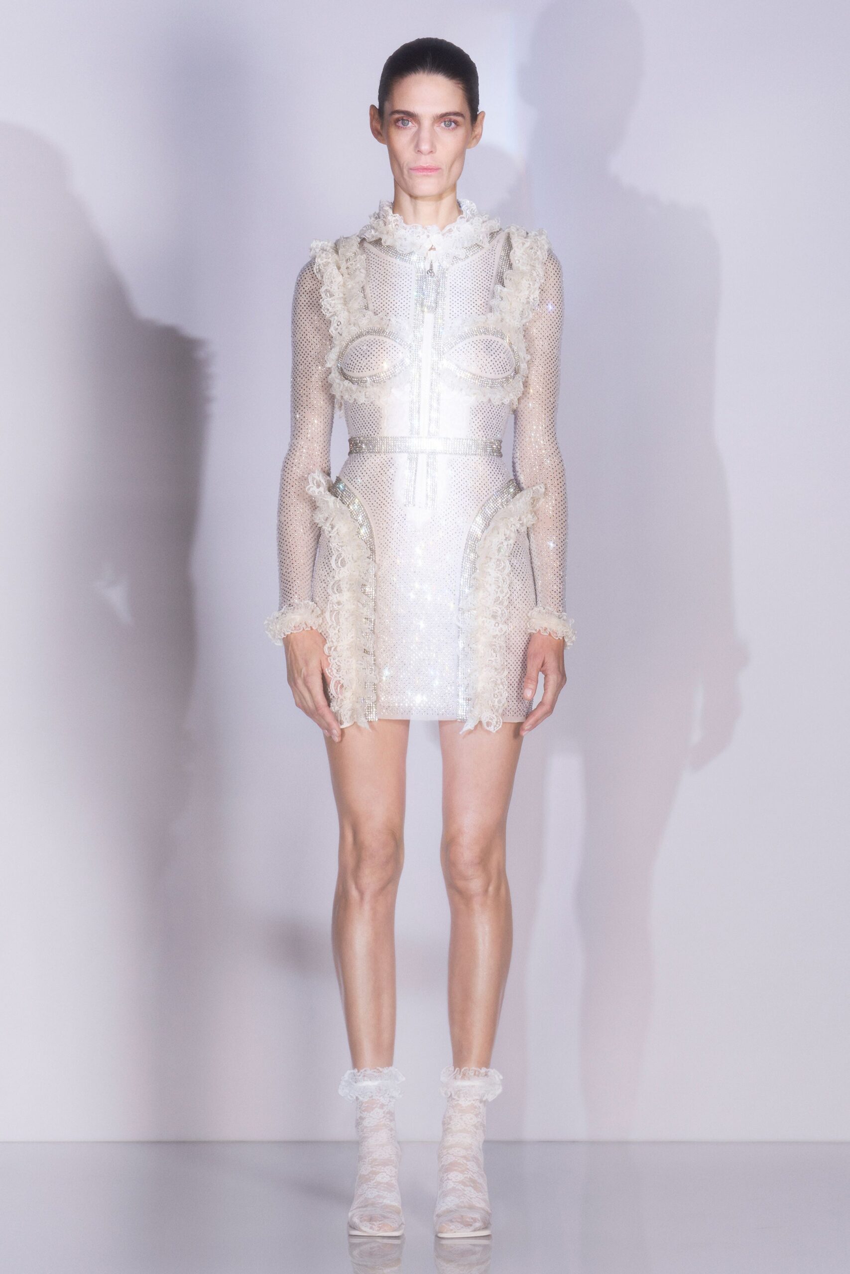 white silk long-sleeve collared fitted sequined zippered mini-dress