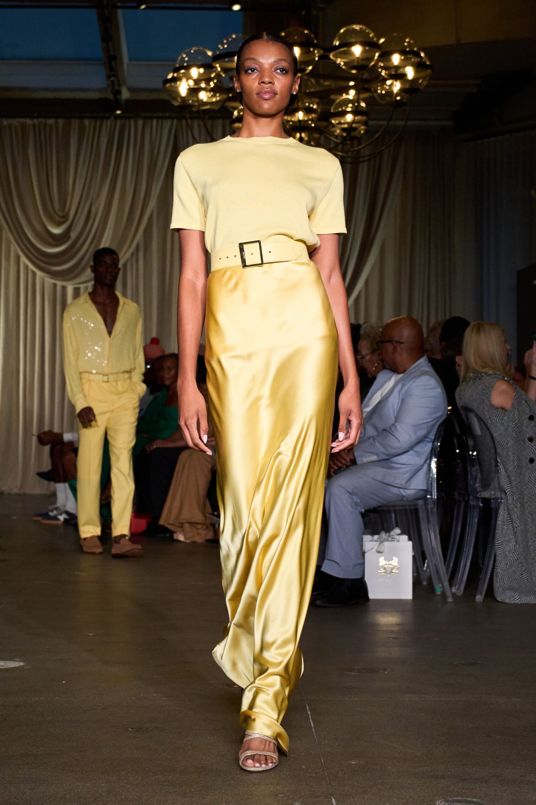 gold satin fitted high-waisted pleated shiny maxi skirt