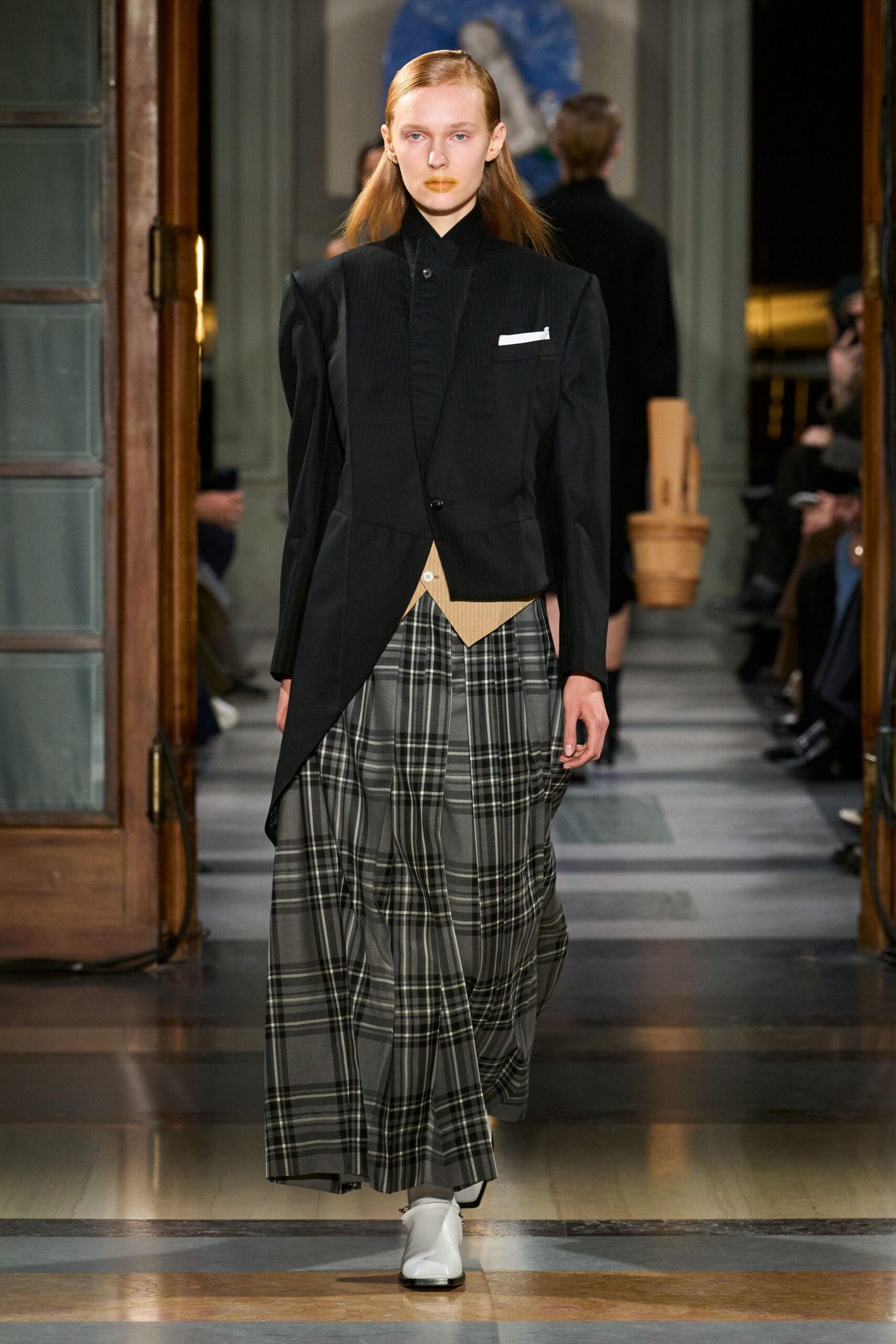 black blazer and plaid maxi skirt