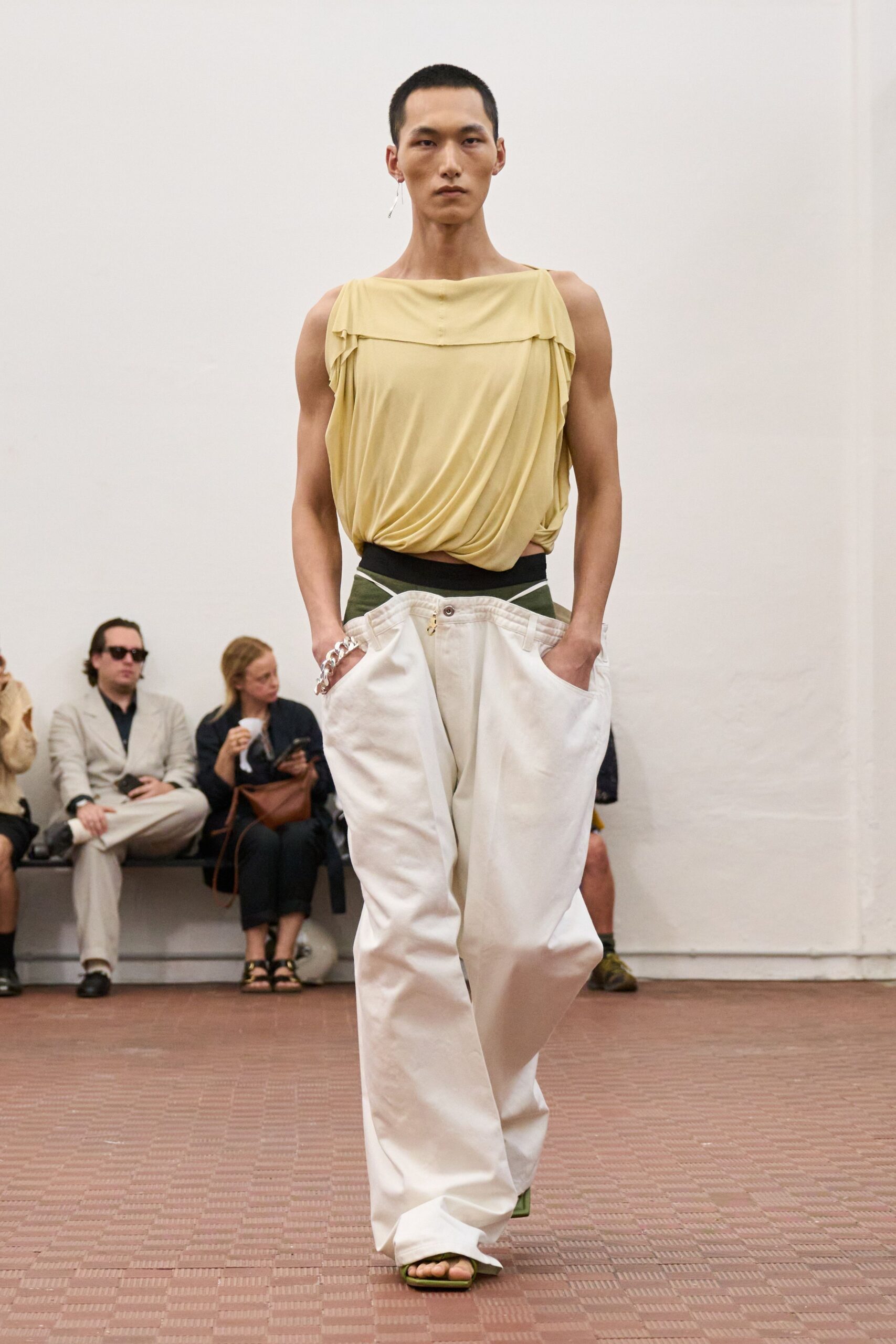 yellow cotton sleeveless high-neck relaxed draped top
