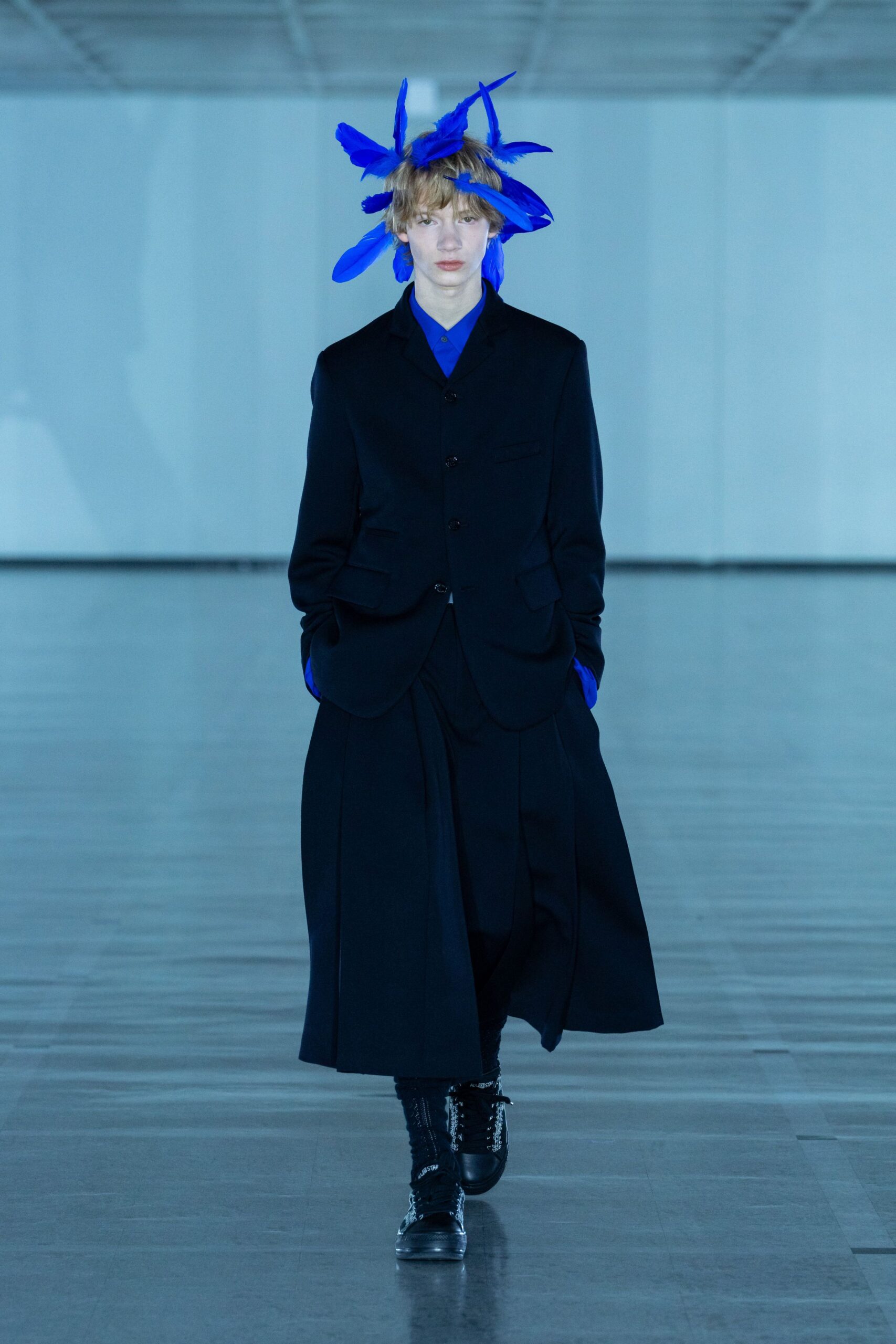 black blazer blue shirt midi skirt