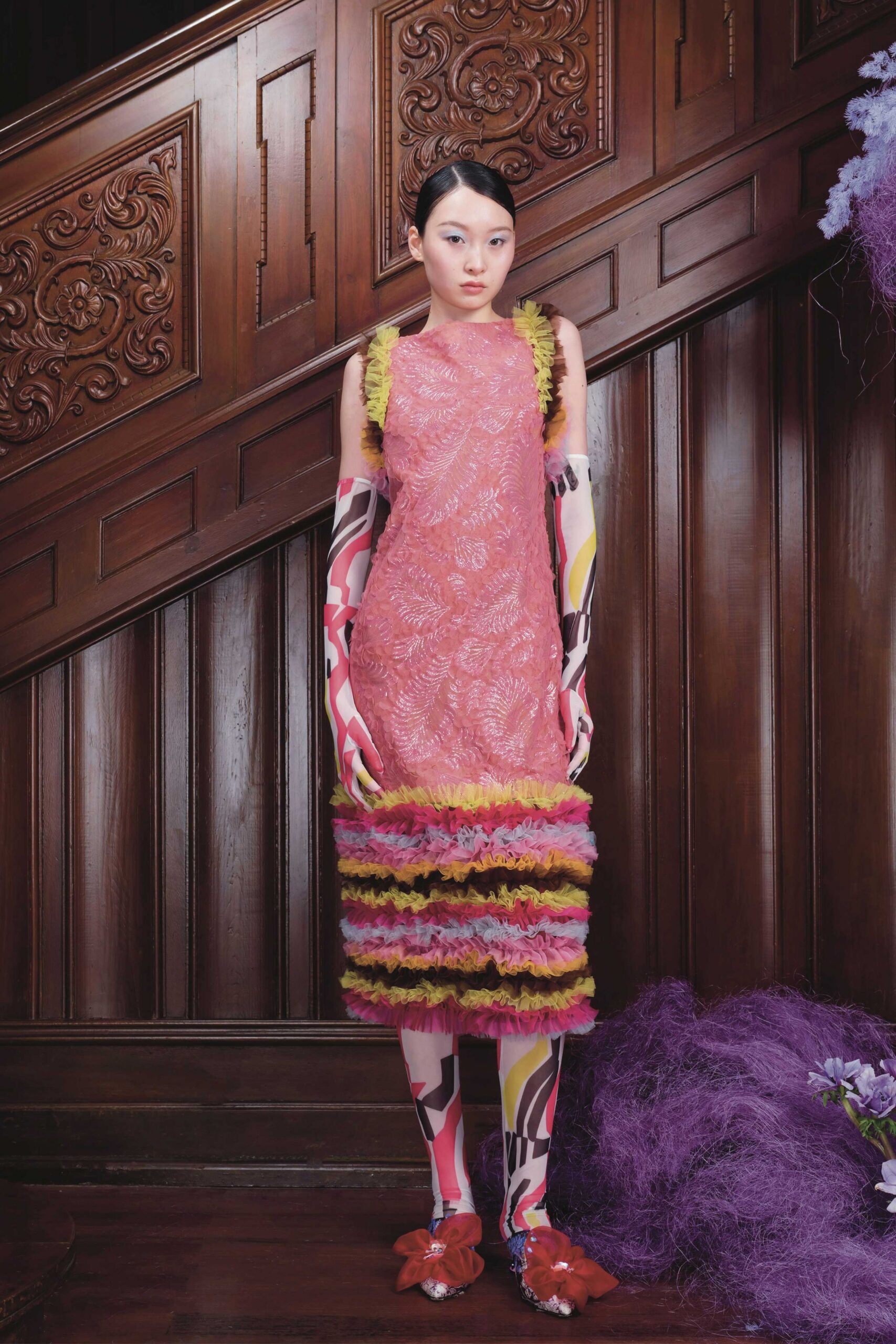 pink silk sleeveless high-neck fitted ruffled layered dress