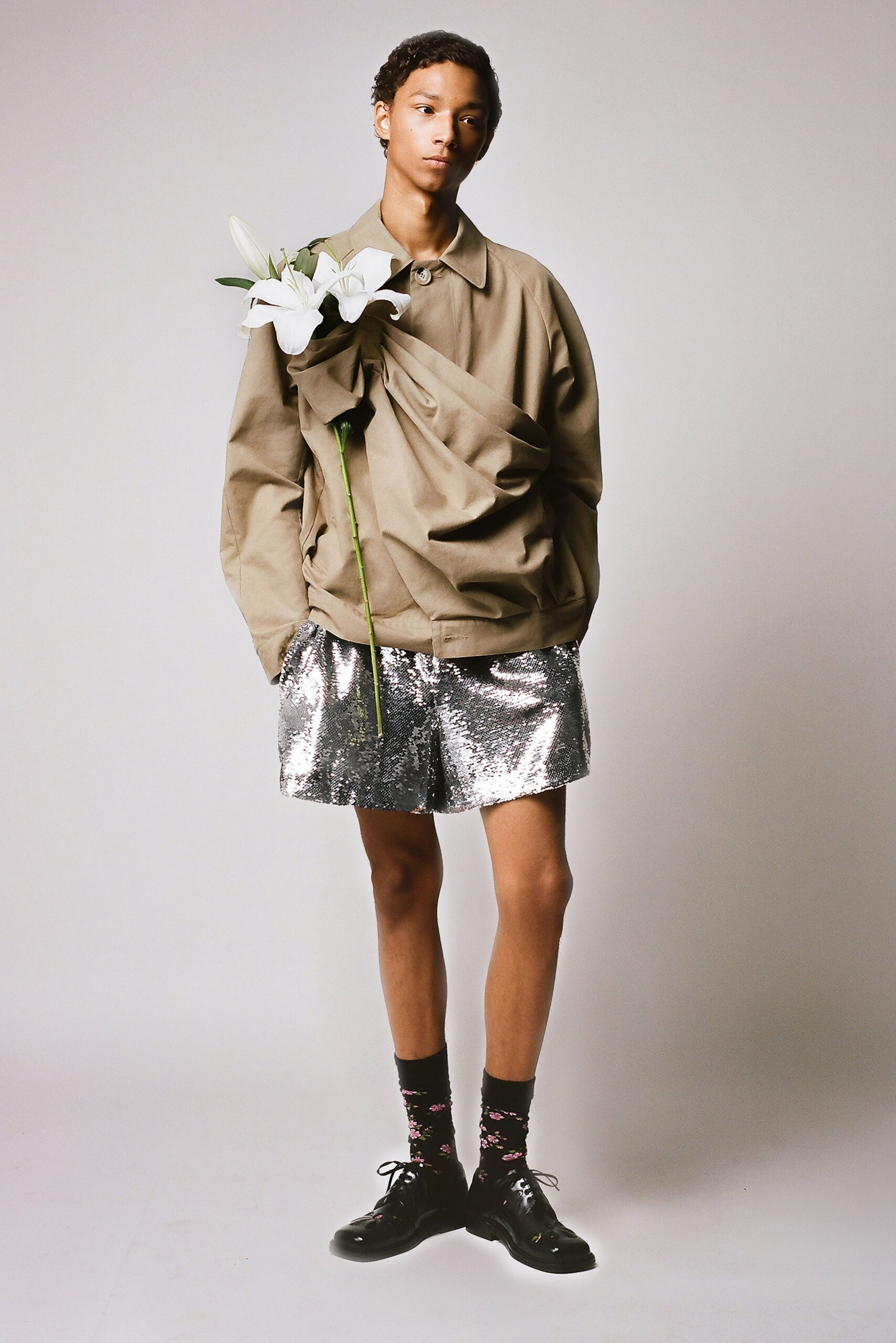 beige cotton long-sleeve collared oversized draped jacket