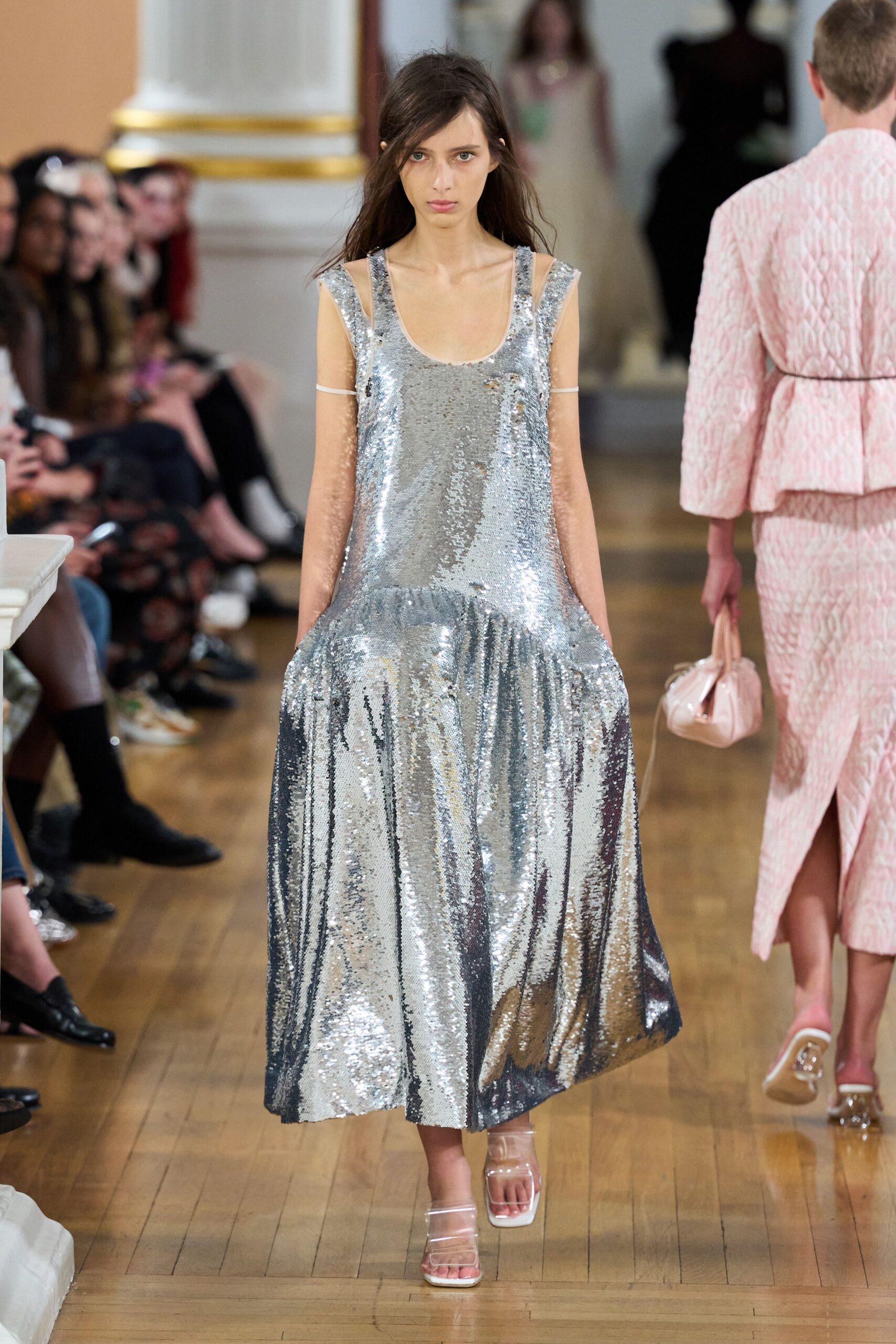 gray sequin sleeveless v-neck relaxed pleated shiny dress
