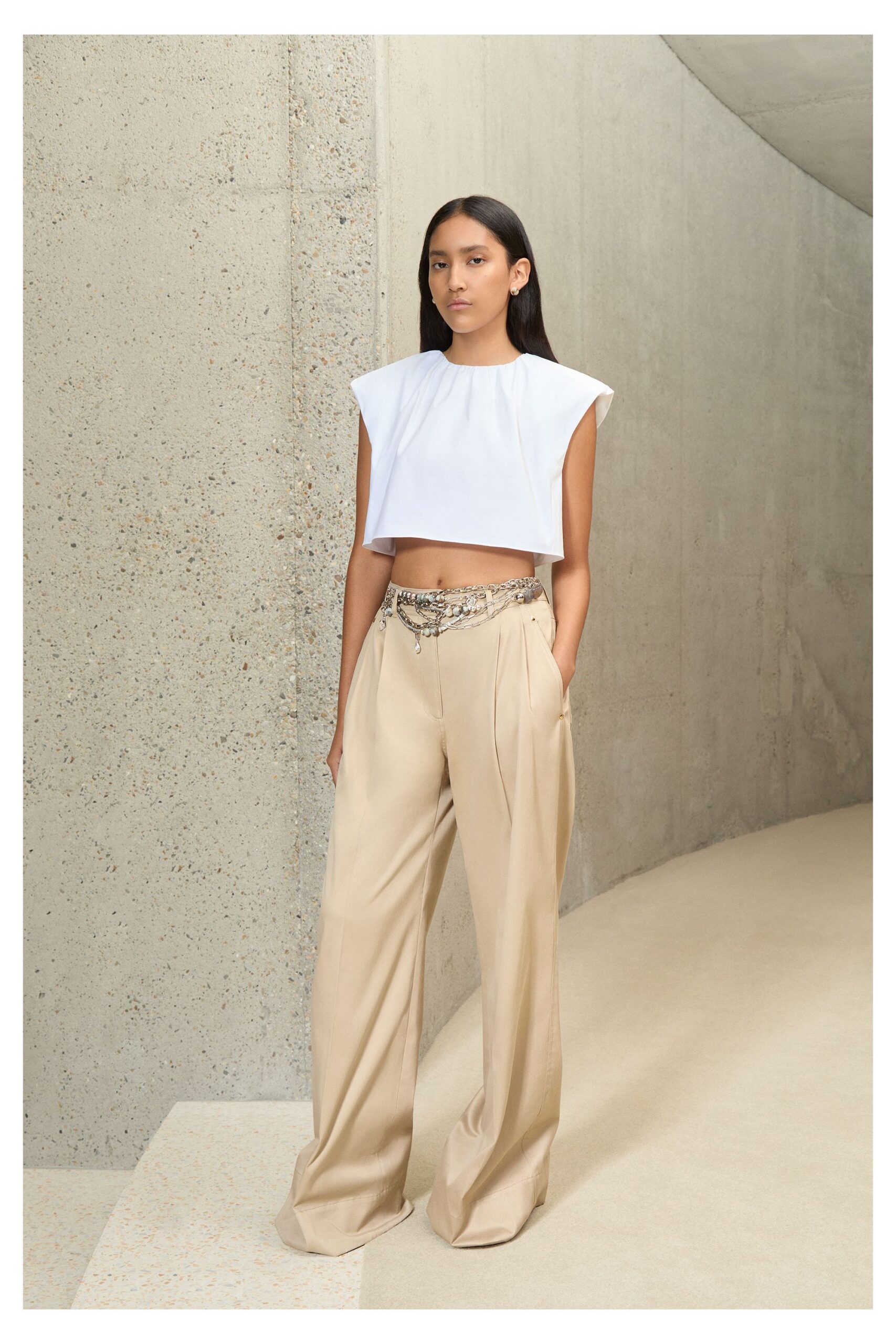 beige linen relaxed pleated pants