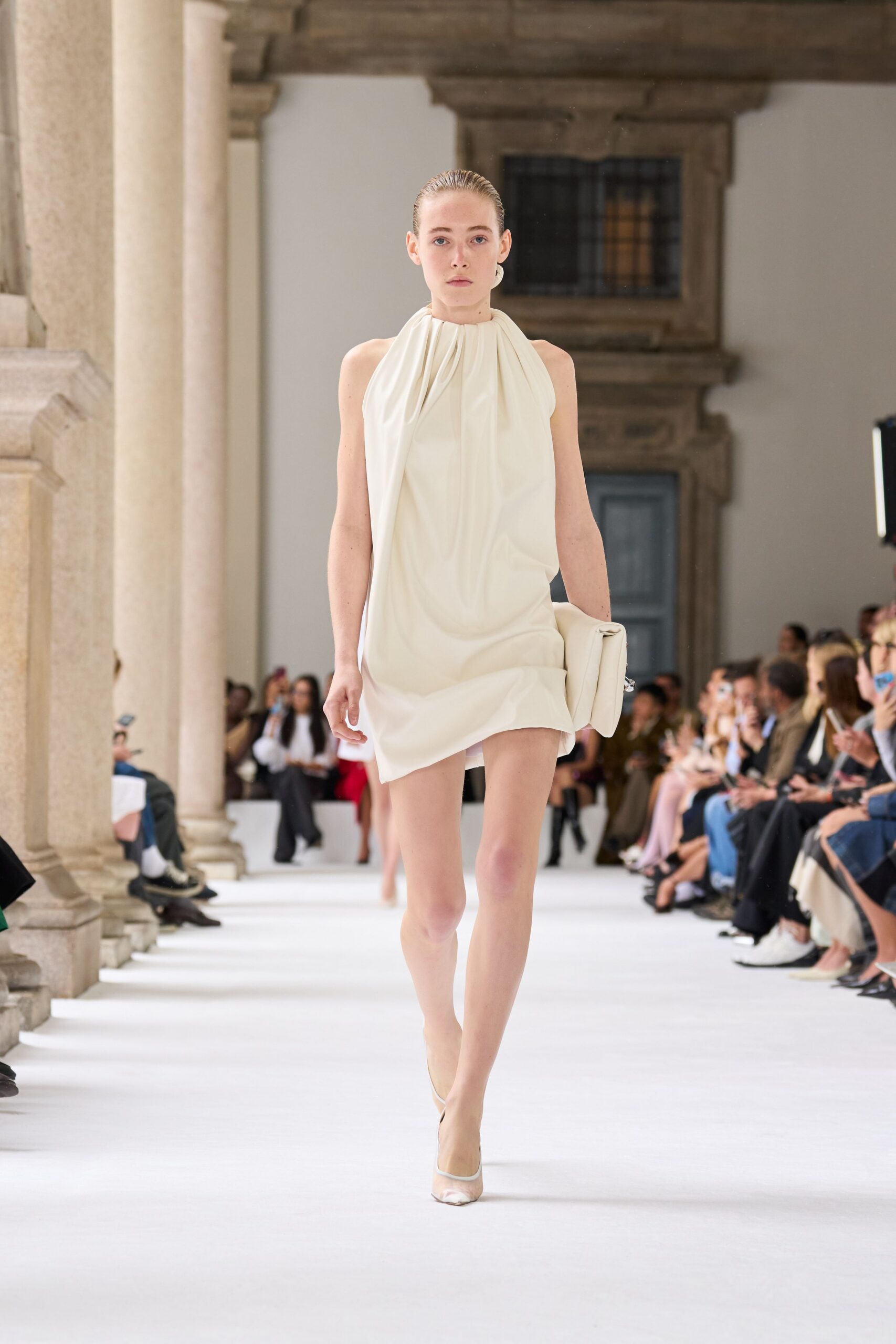 white silk draped mini dress