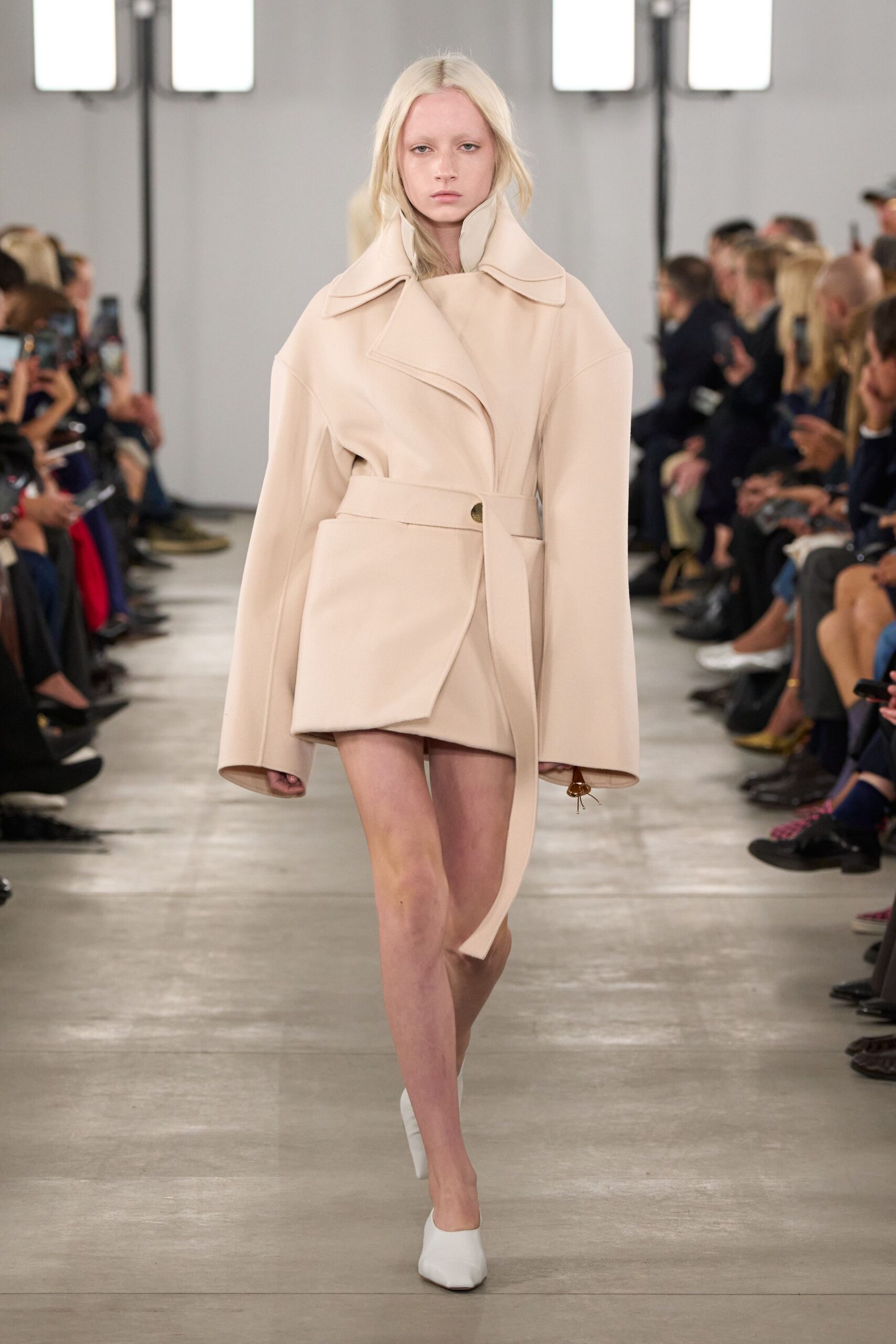 beige wool long-sleeve collared oversized belted short coat