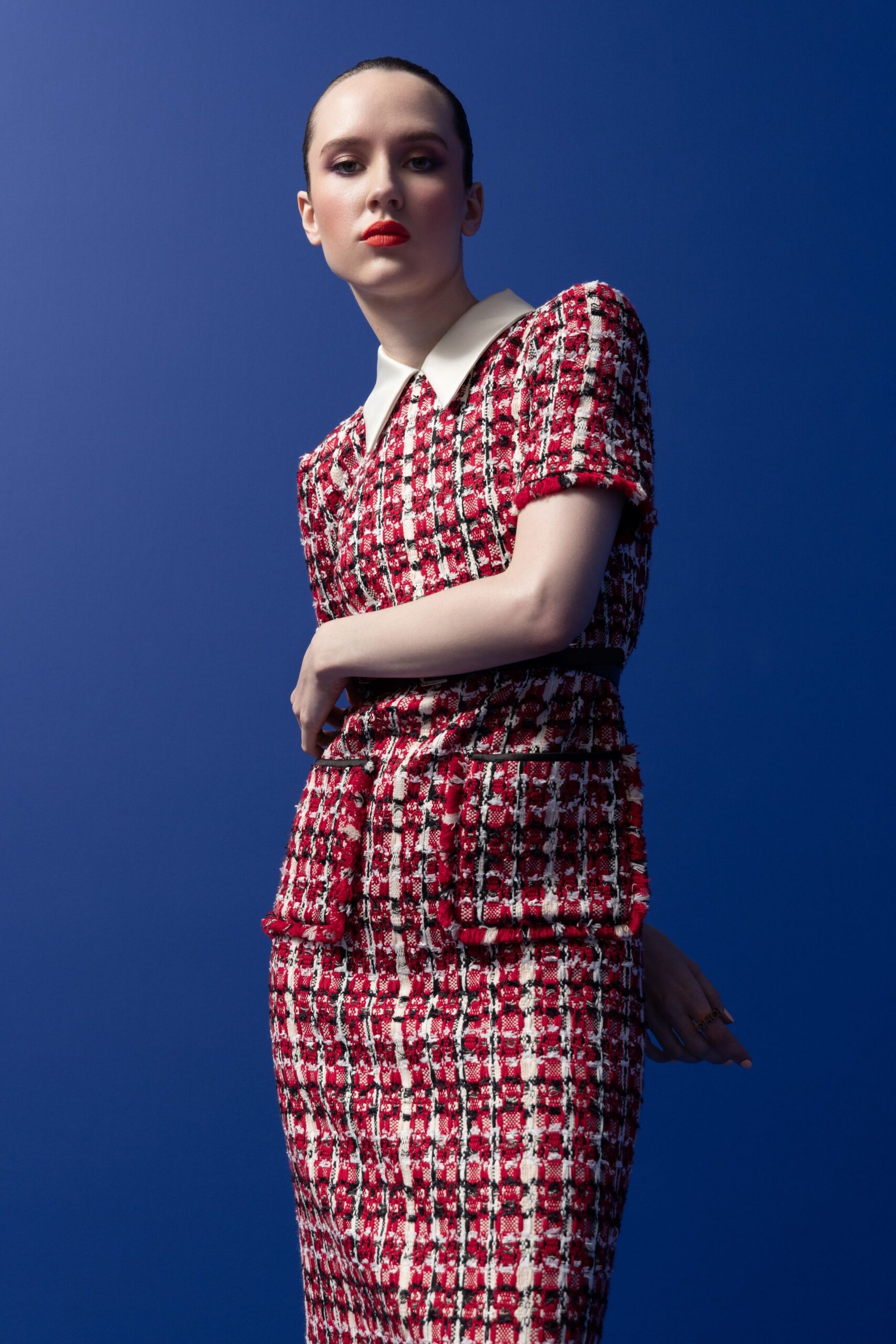 red white green checked midi dress