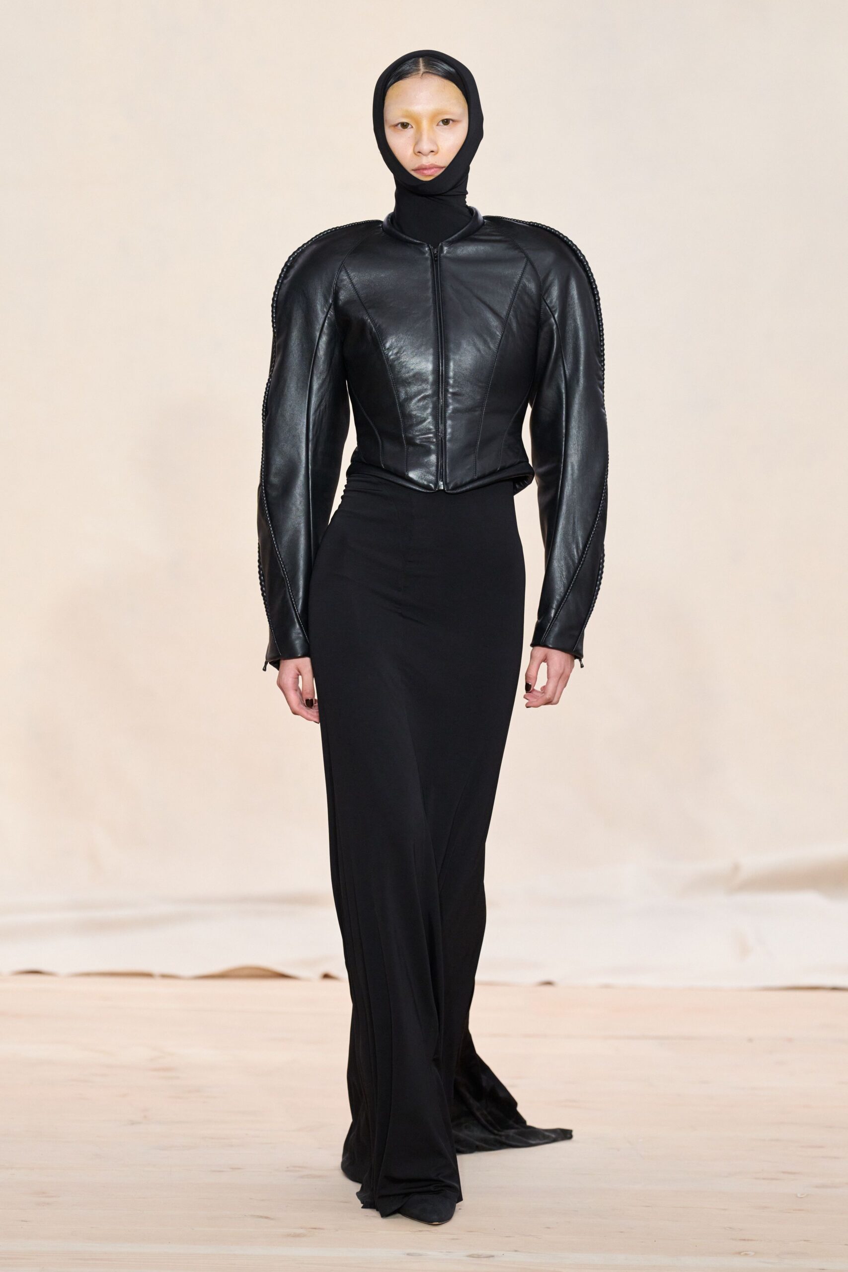black leather jacket and gown