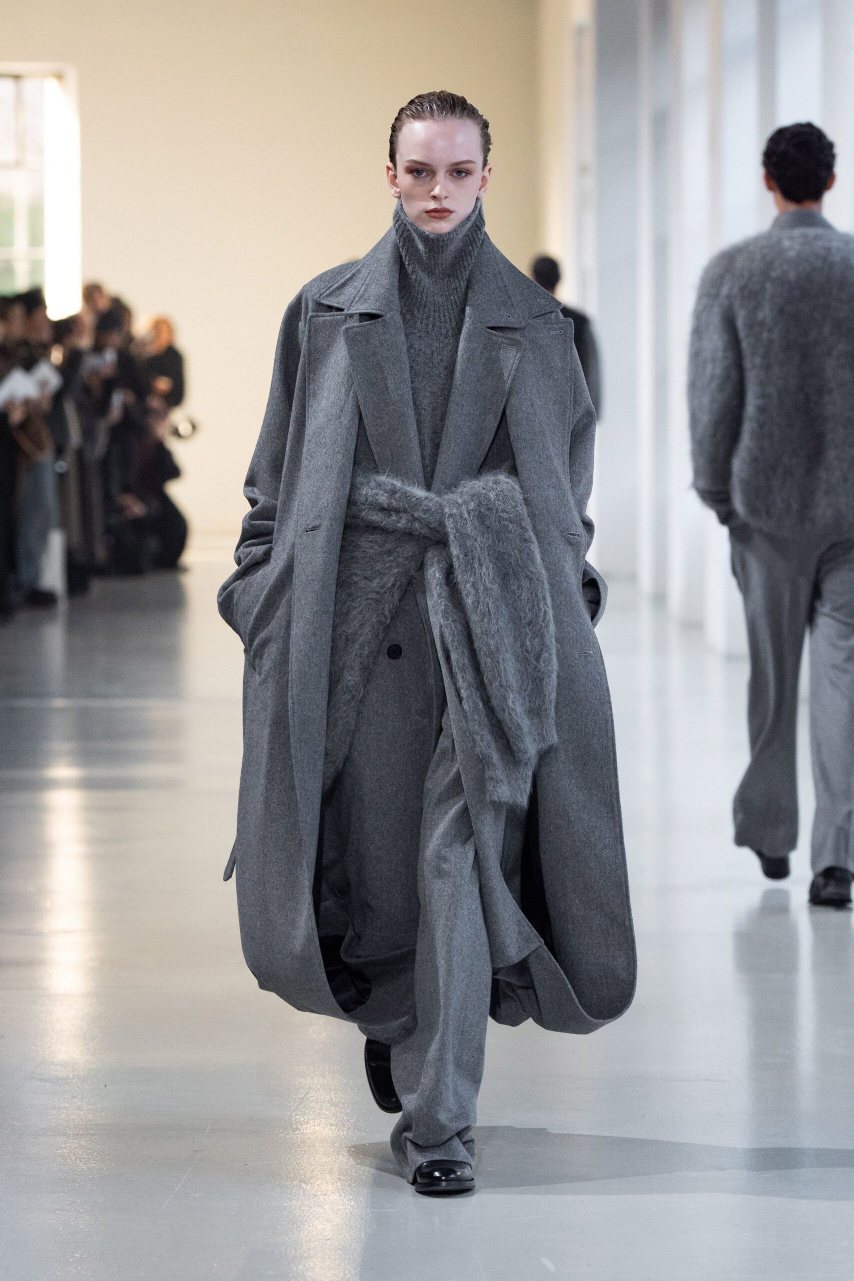 gray wool coat and sweater
