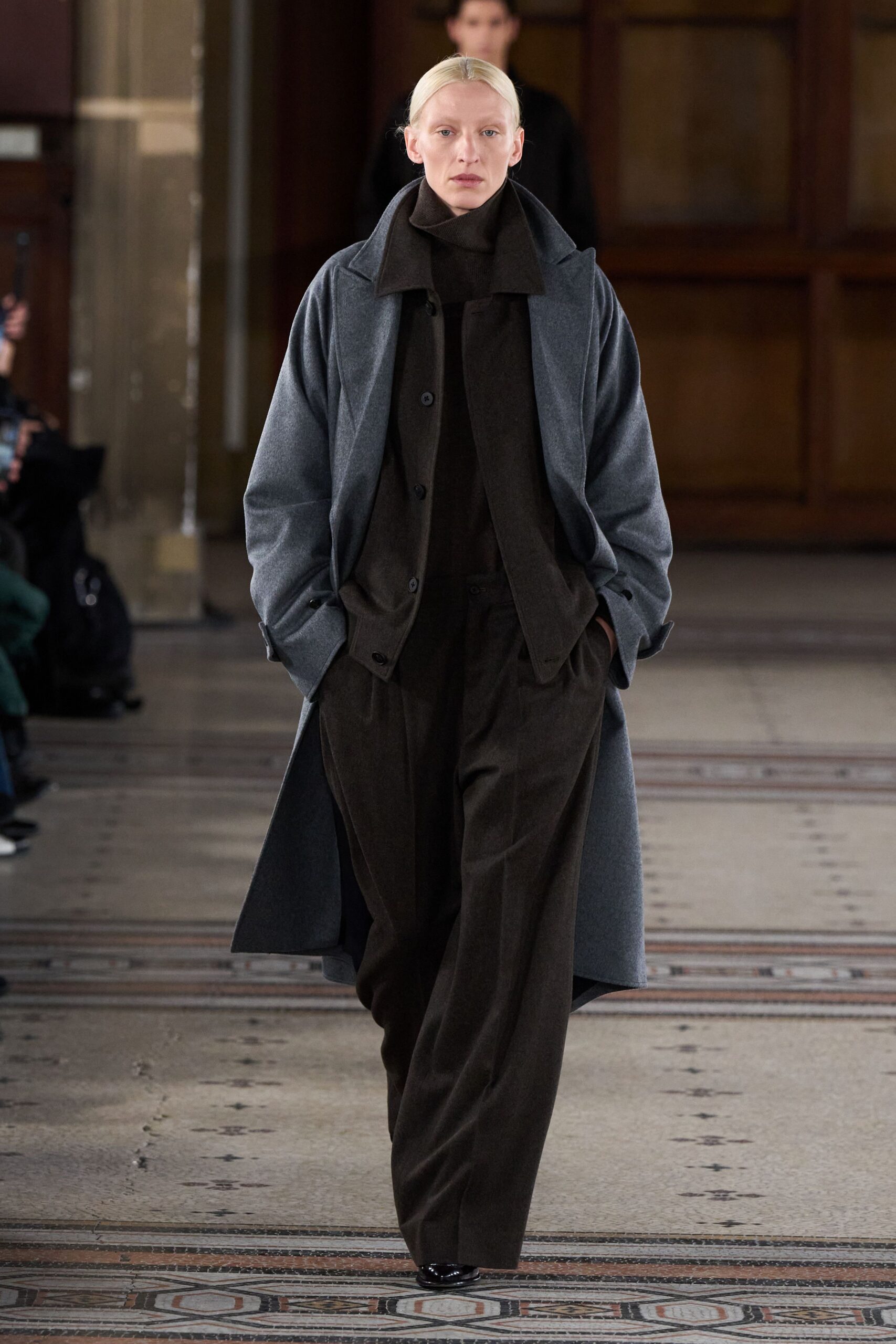 gray wool coat black jacket brown pants