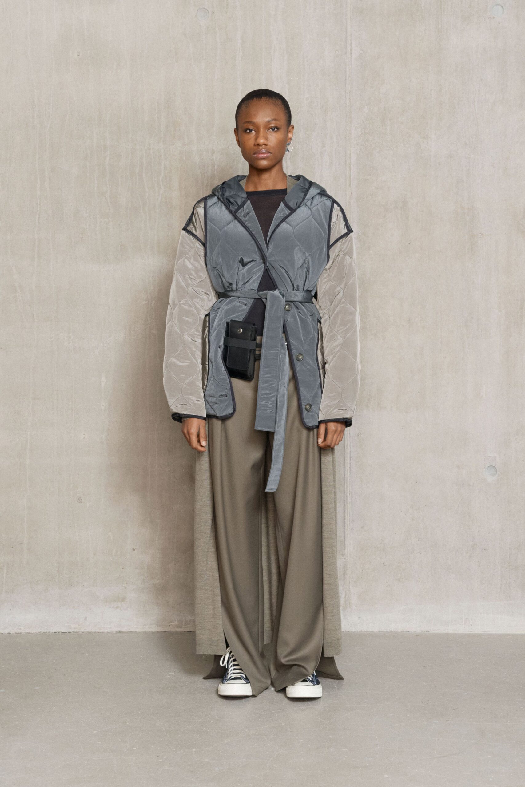 gray cotton long-sleeve hooded relaxed zippered layered coat