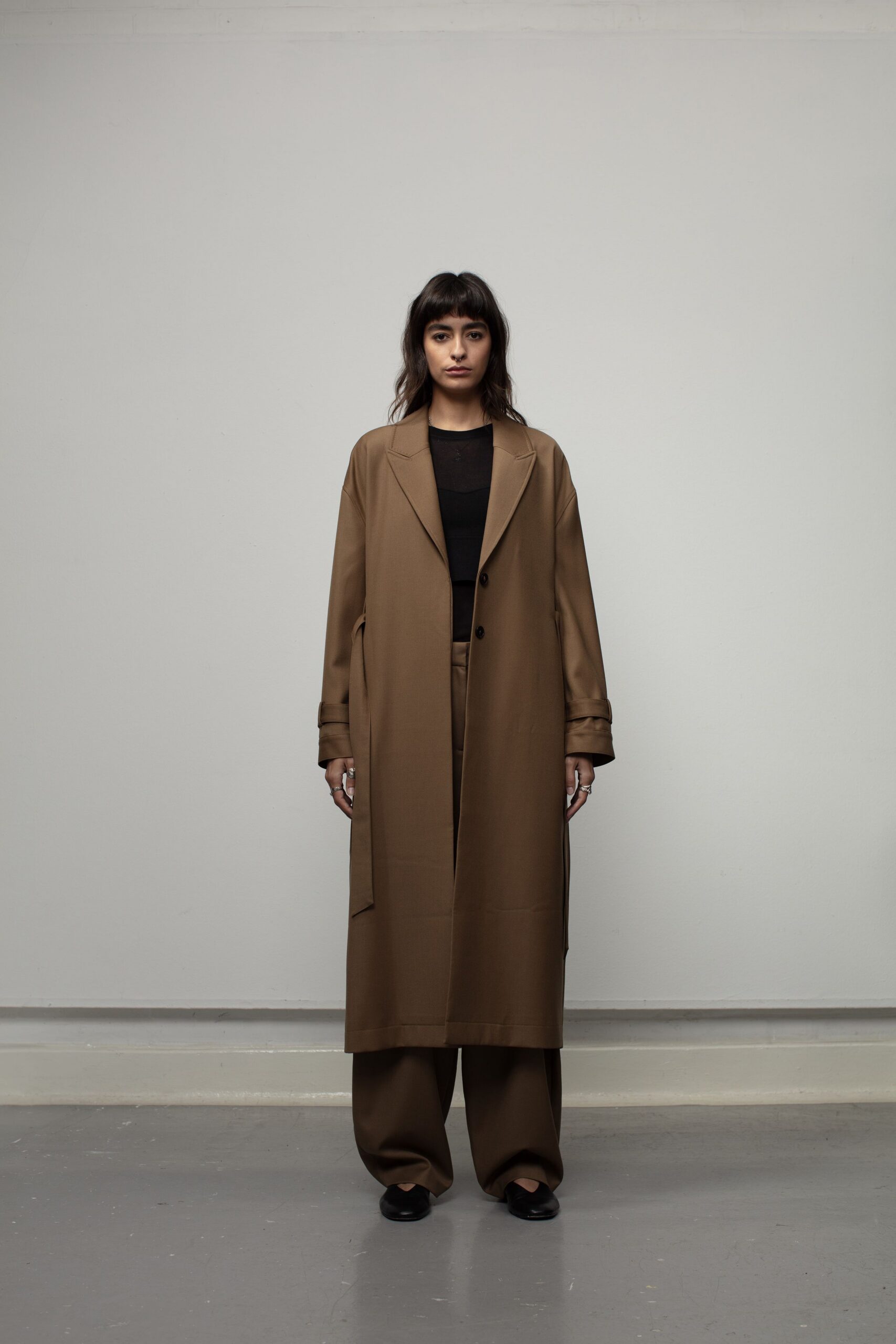brown silk long-sleeve collared relaxed maxi coat
