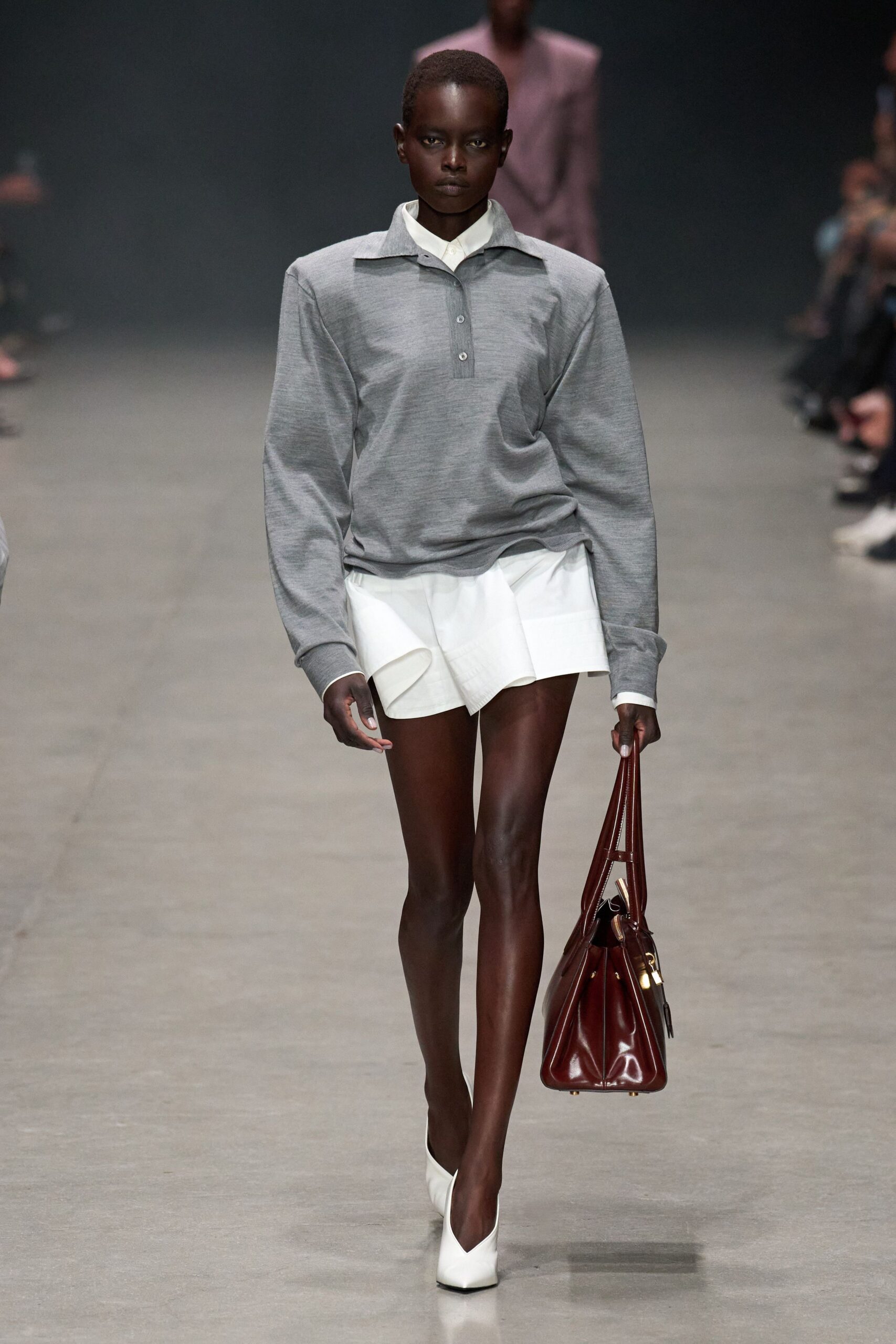 gray top white shorts