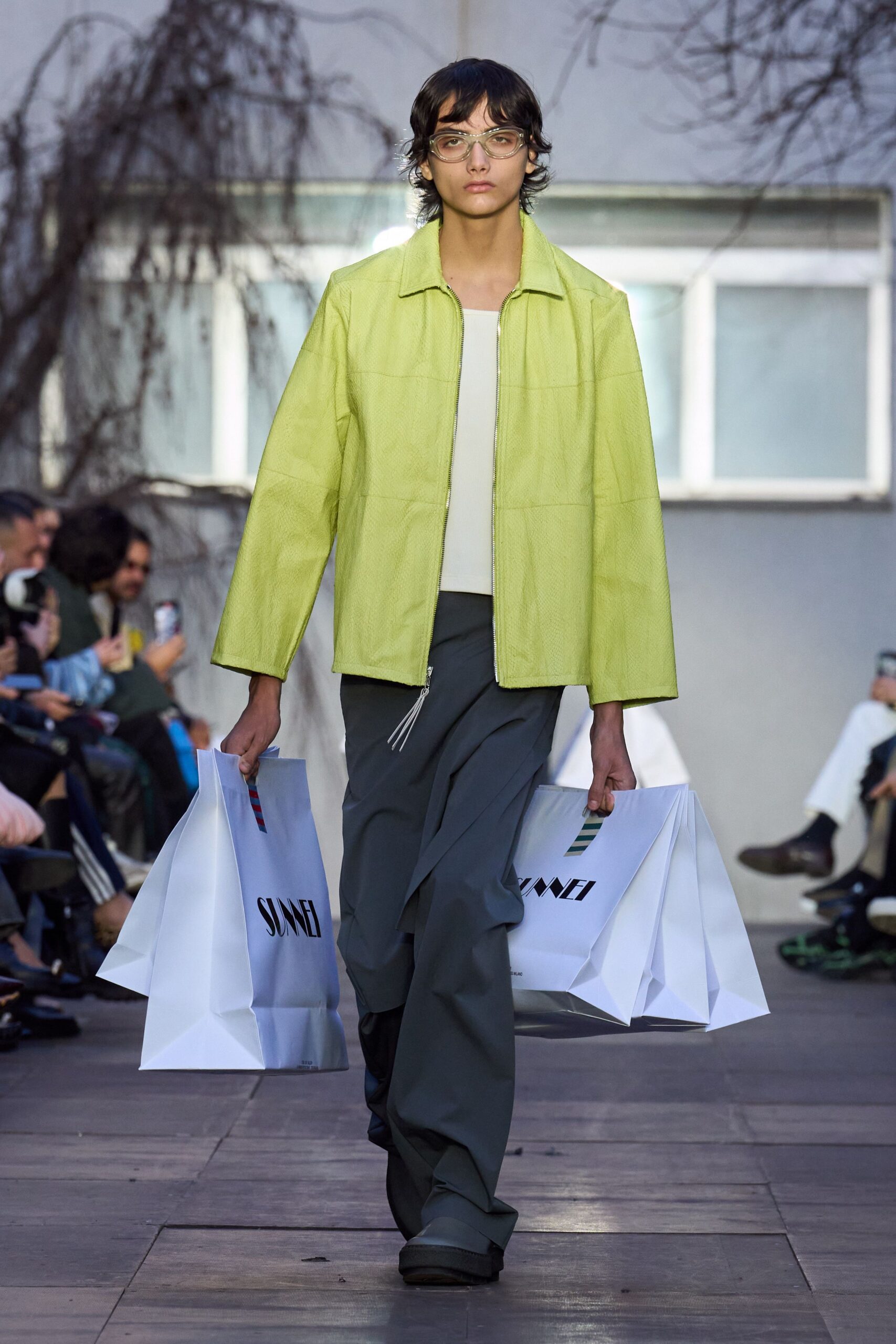 green relaxed jacket with white top