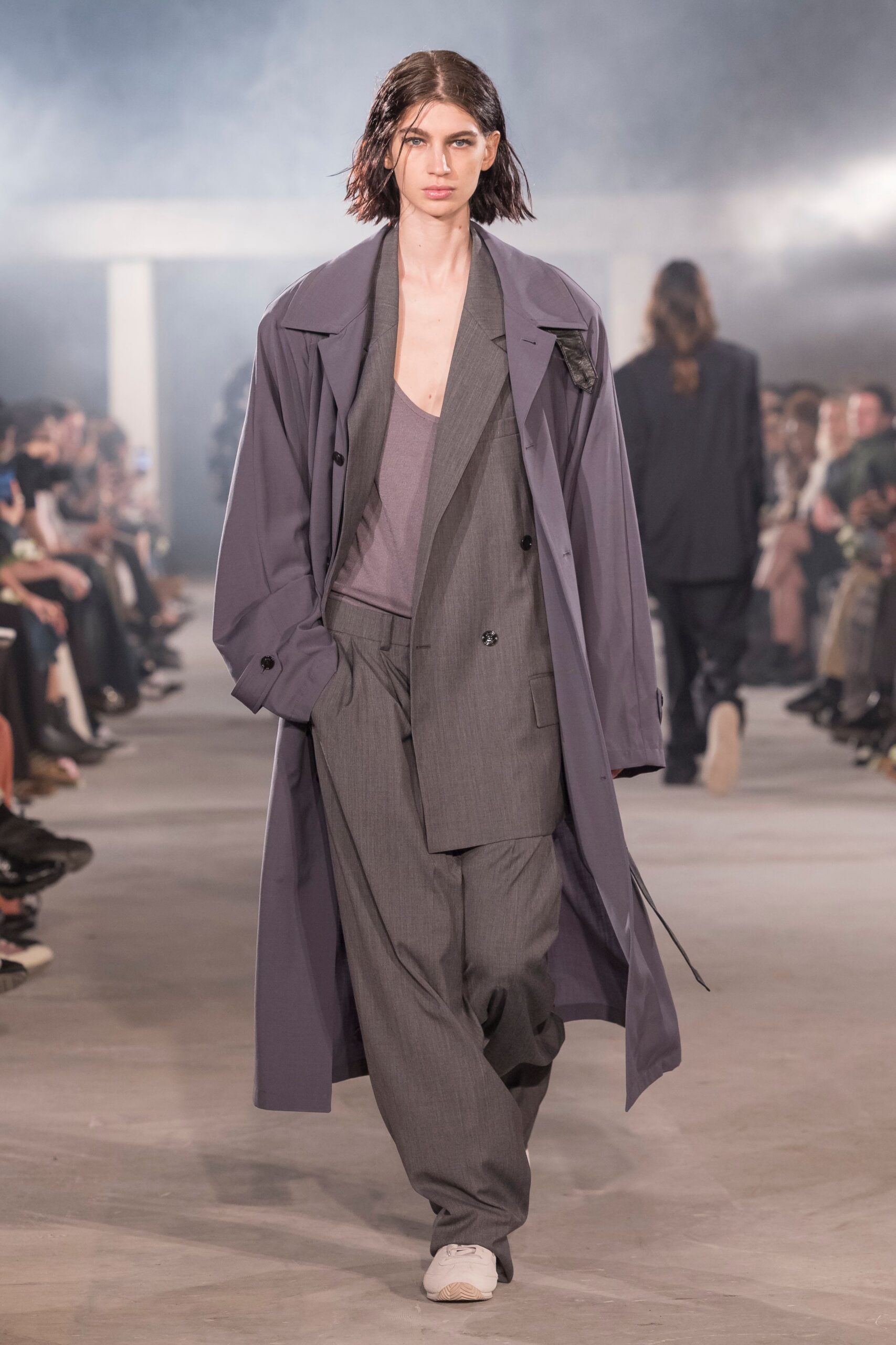 gray trench coat with tailored blazer