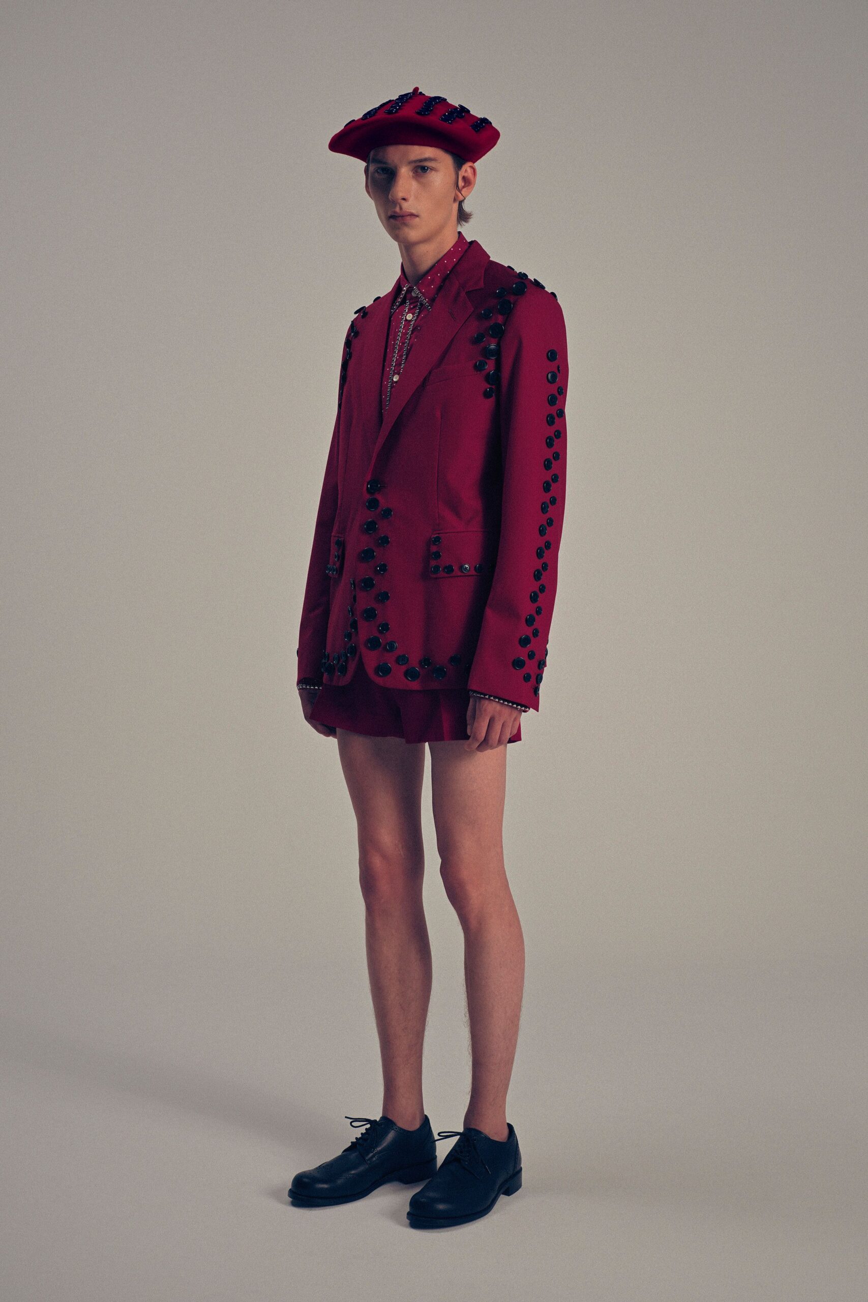 red cotton long-sleeve collared relaxed embroidered blazer