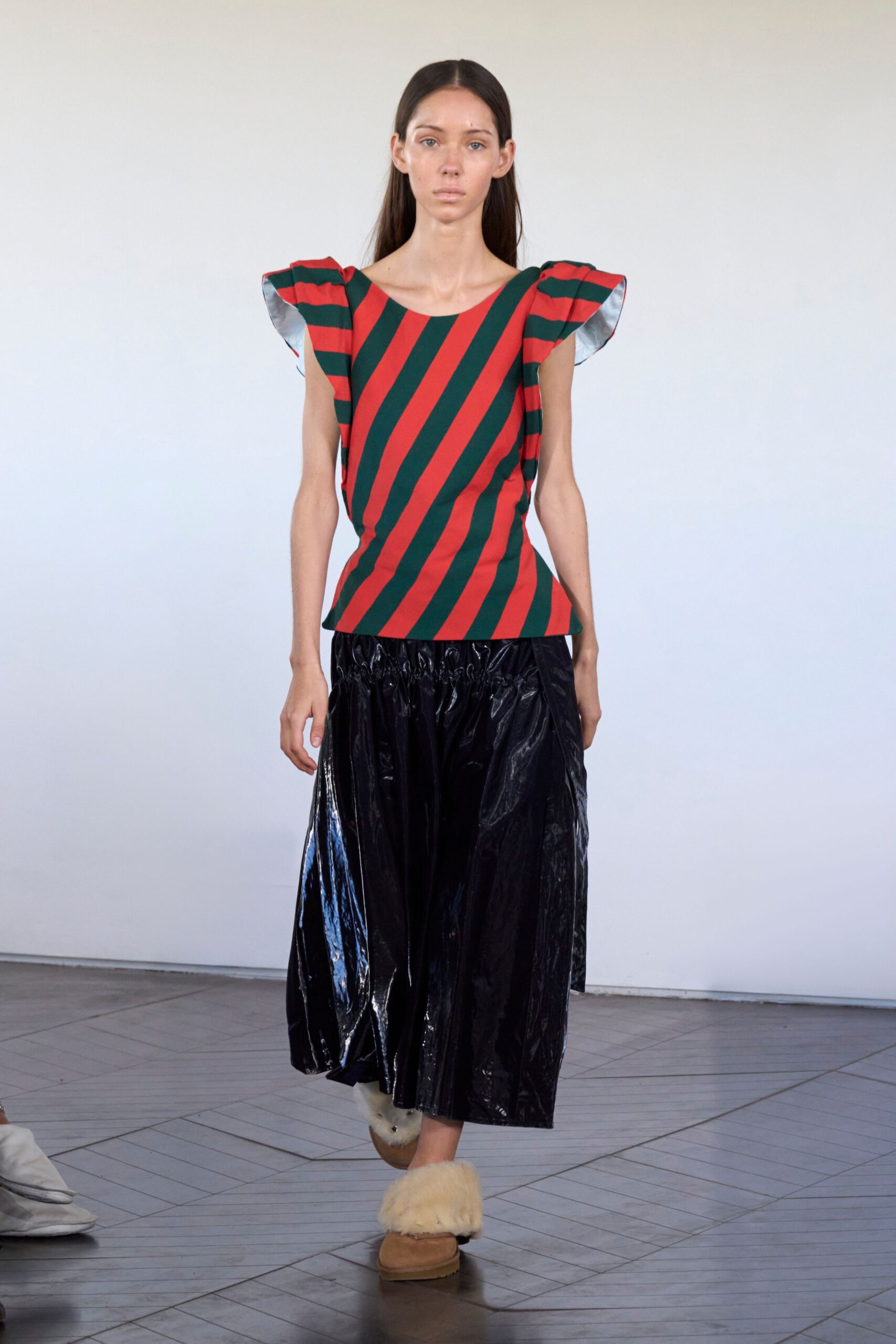 black vinyl relaxed pleated midi skirt