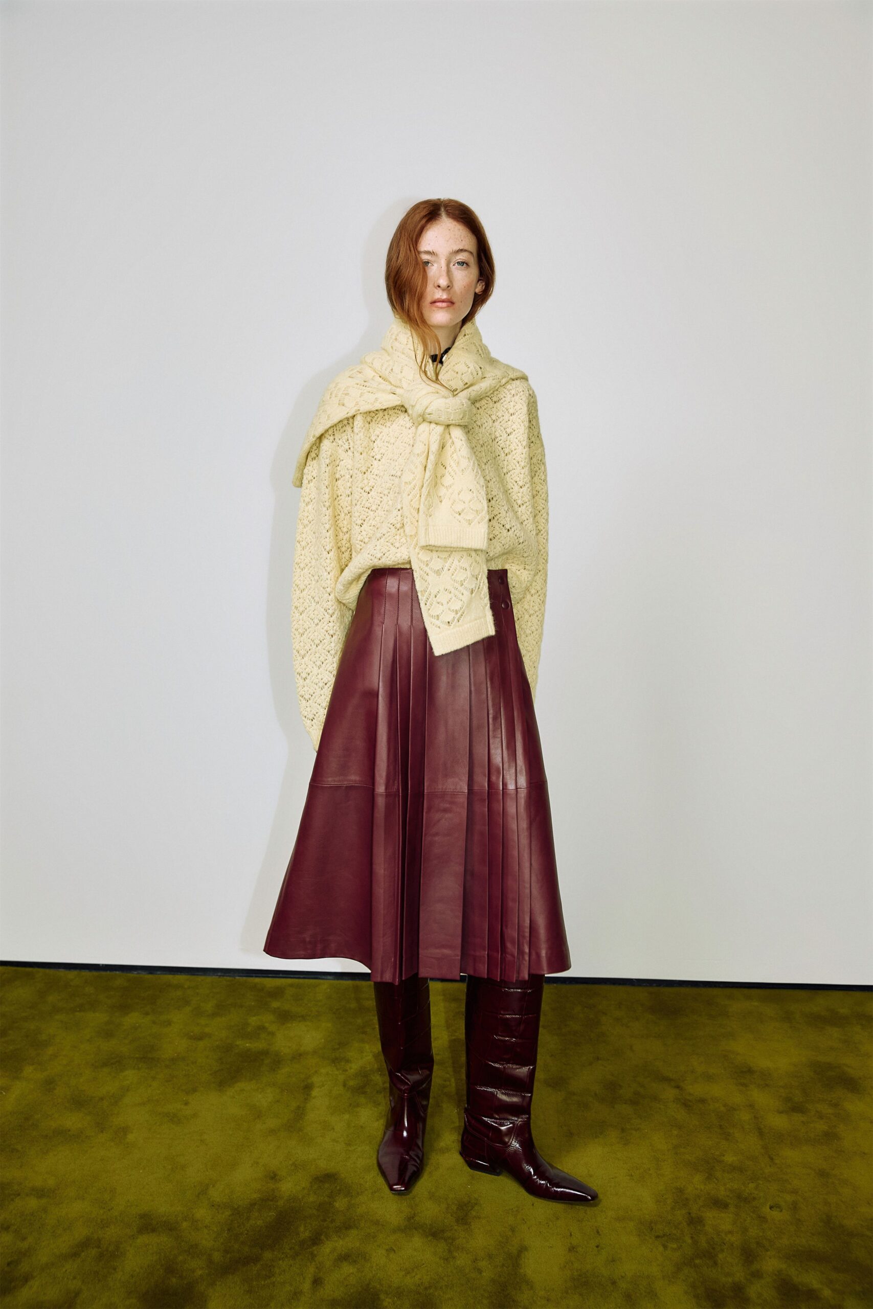 beige wool long-sleeve collared relaxed sweater