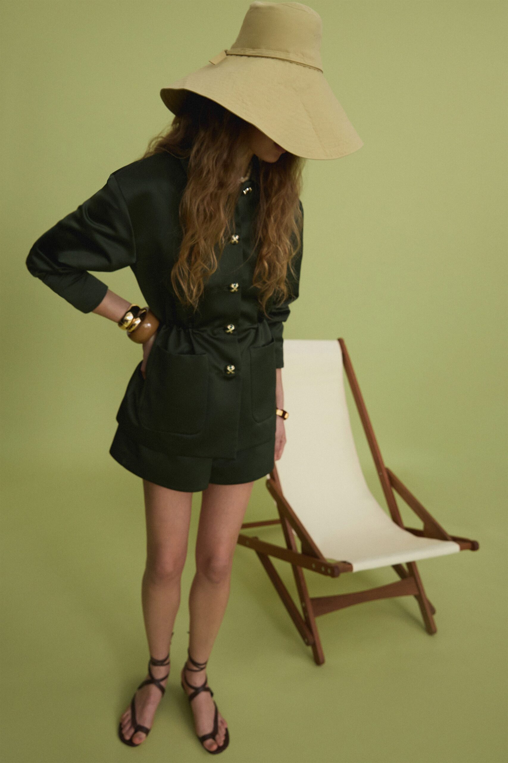 green cotton long-sleeve collared fitted buttoned belted romper
