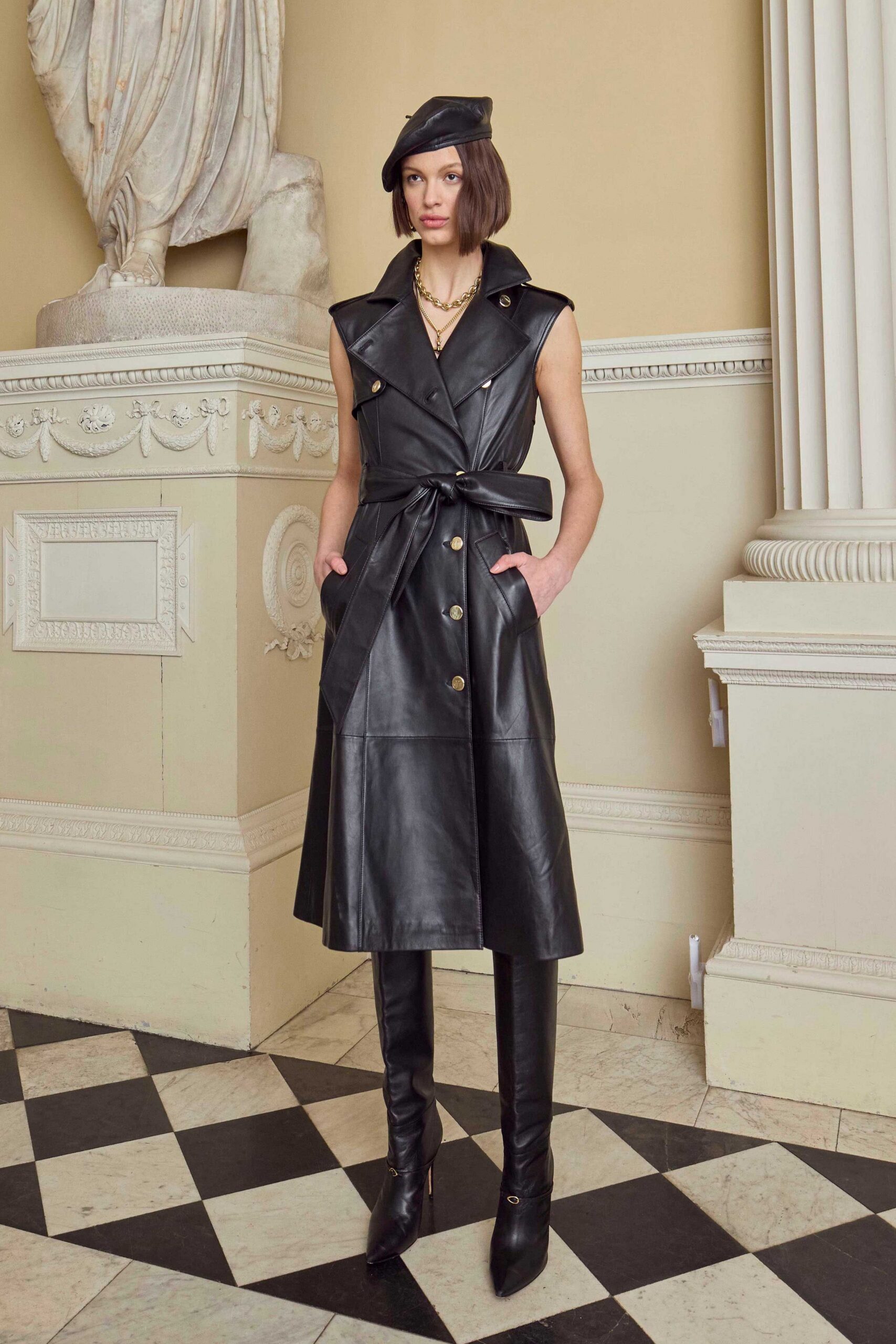 black leather sleeveless collared fitted belted pockets dress