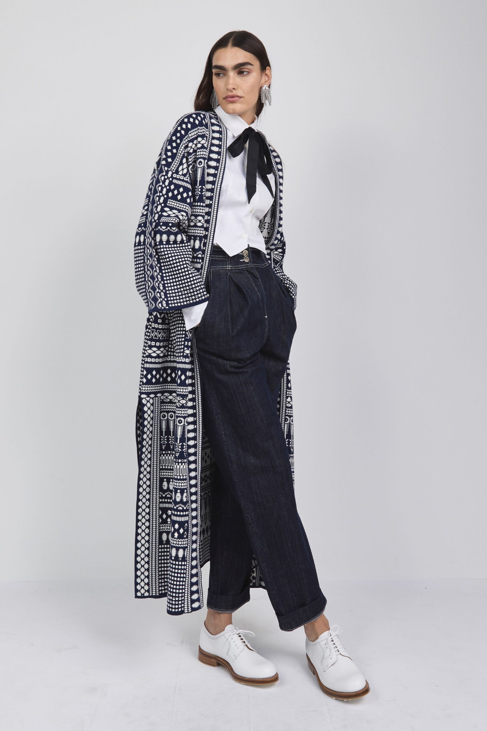 blue printed coat with white shirt