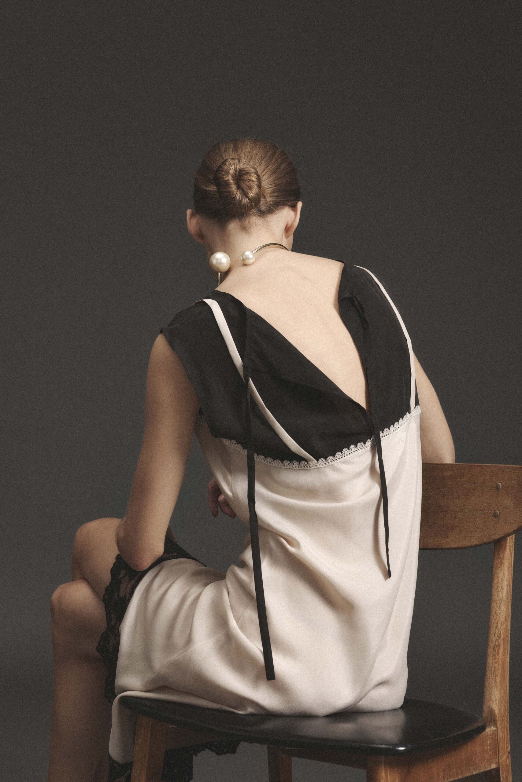 black and beige silk dress