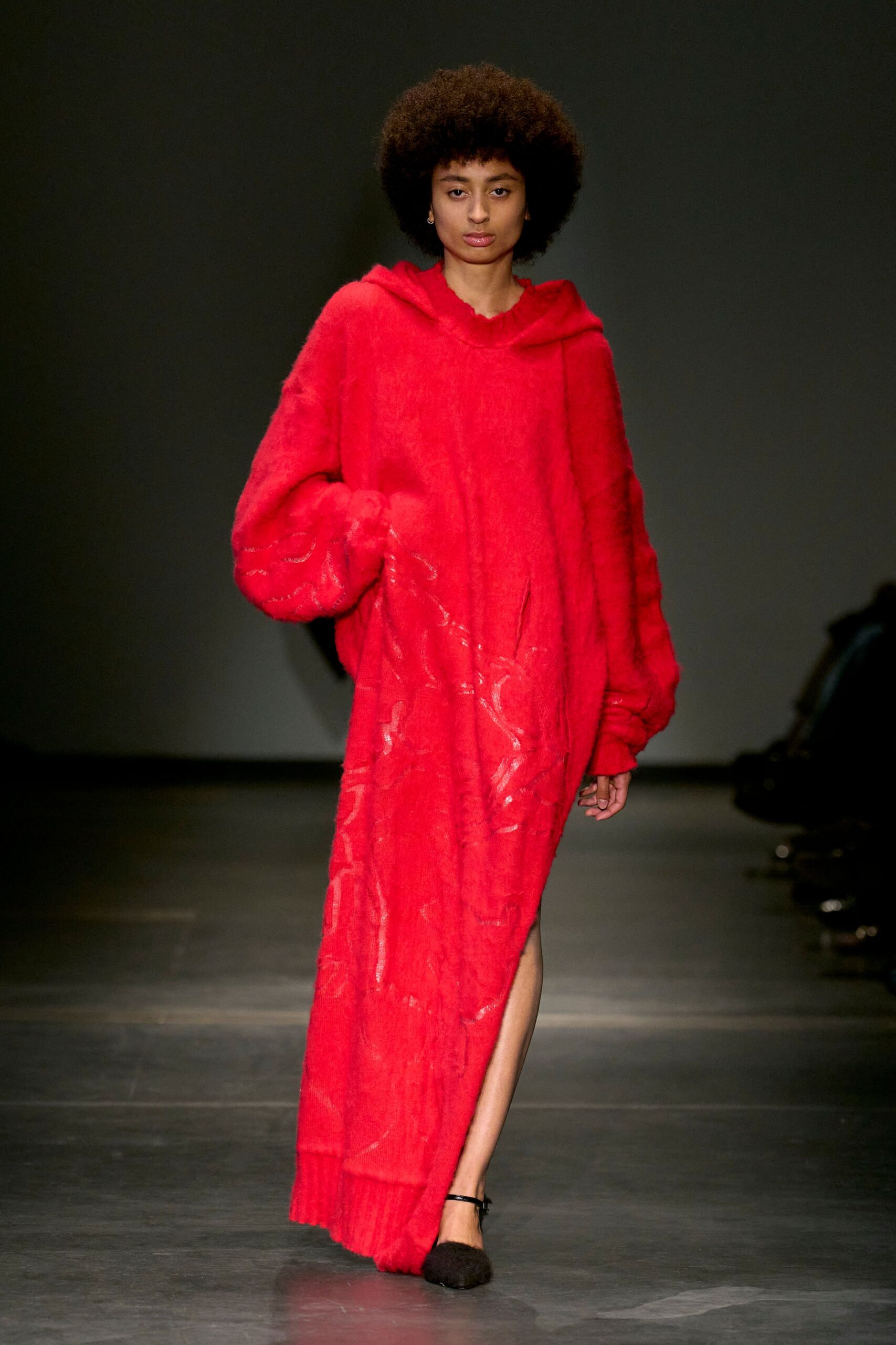 red wool long-sleeve hooded oversized maxi coat