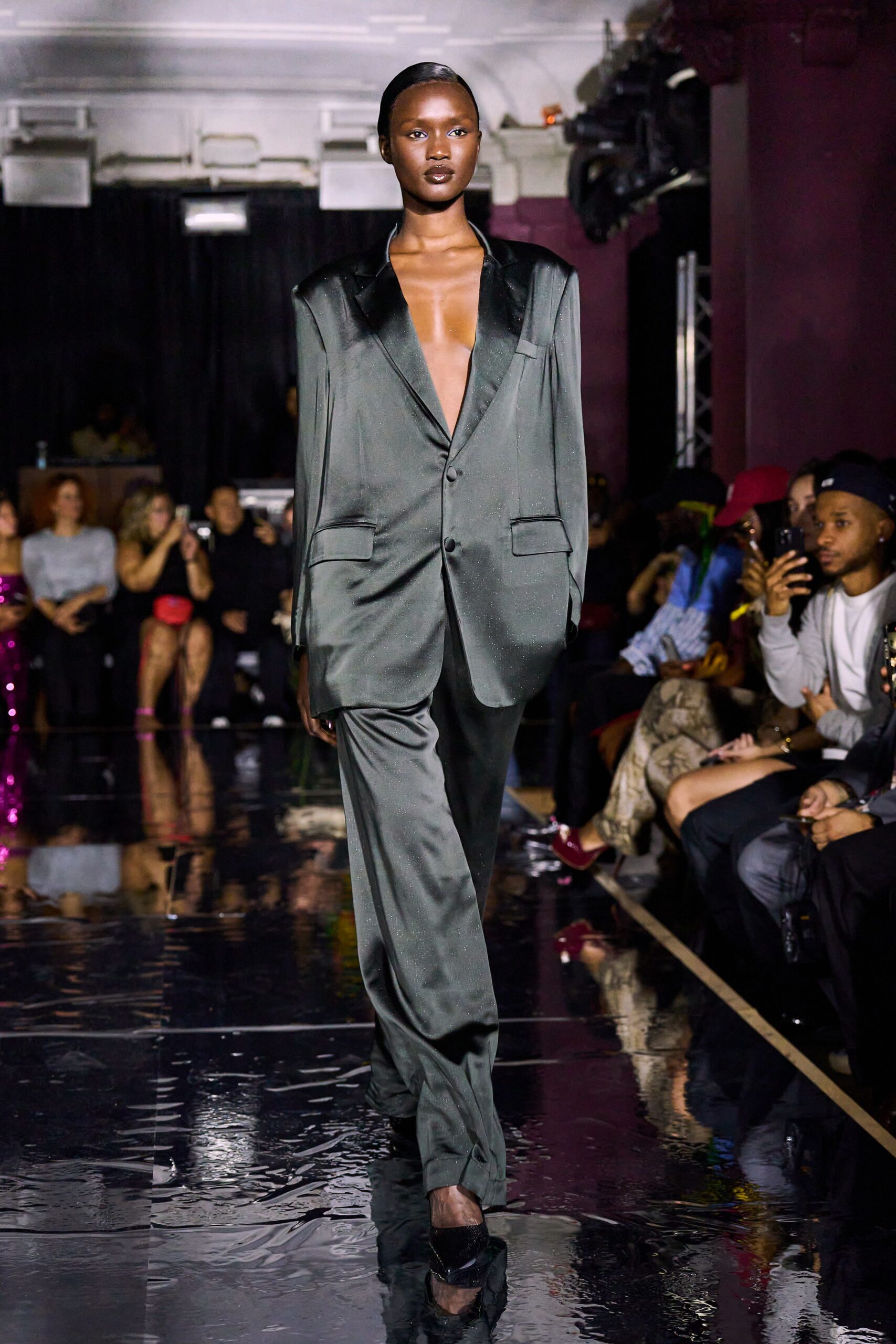 green silk long-sleeve v-neck fitted shiny suit