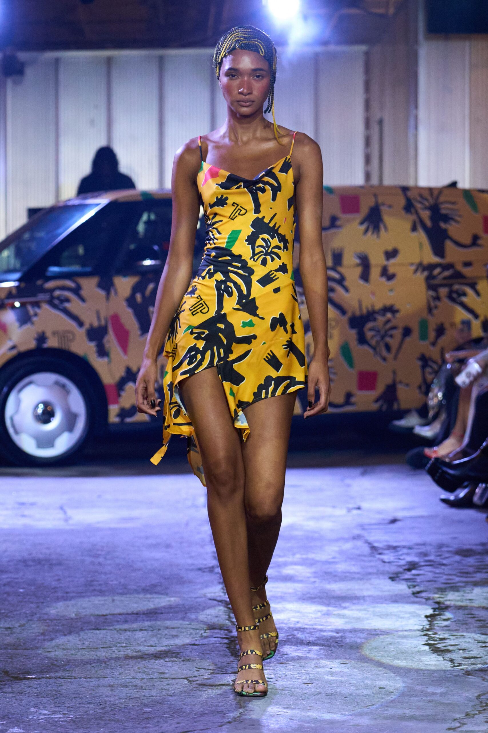 yellow printed mini dress