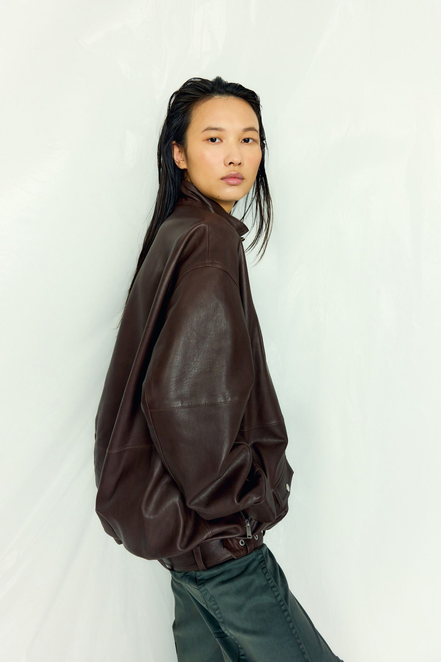brown leather oversized jacket