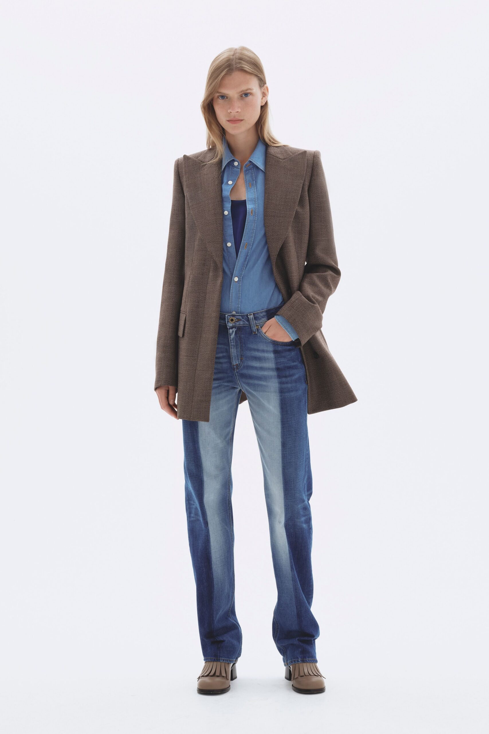 brown tweed long-sleeve collared structured buttoned blazer