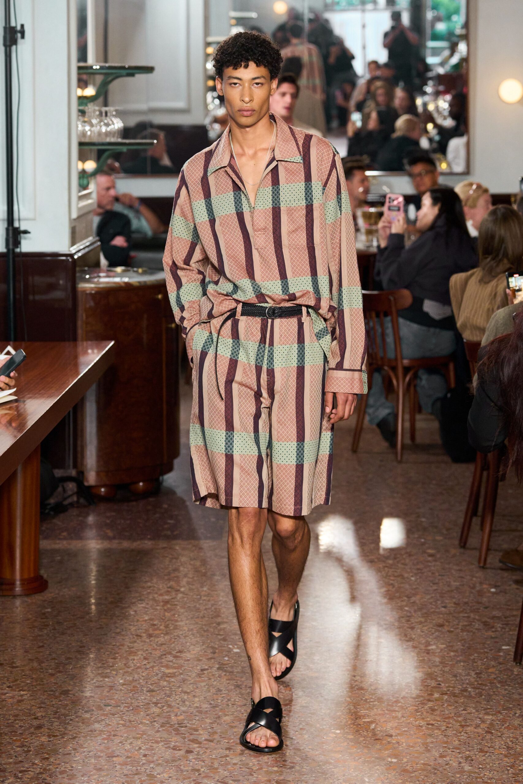 beige cotton long-sleeve collared relaxed striped belted shirt-dress